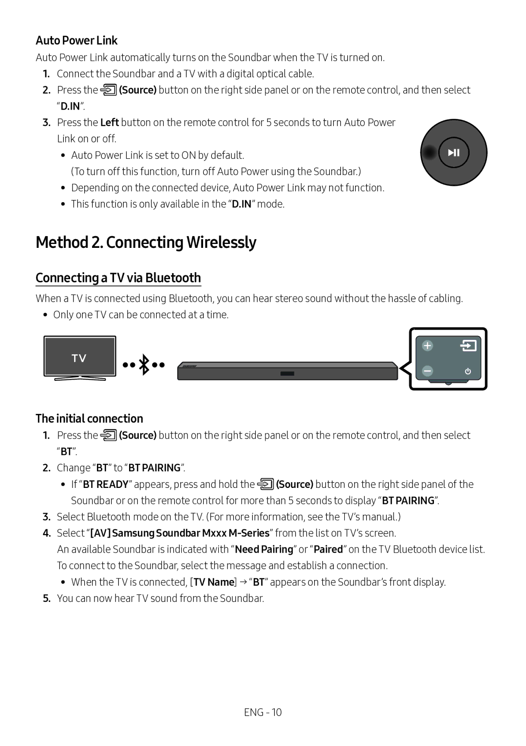 Samsung HW-M360/ZF Method 2. Connecting Wirelessly, Connecting a TV via Bluetooth, Auto Power Link, Initial connection 