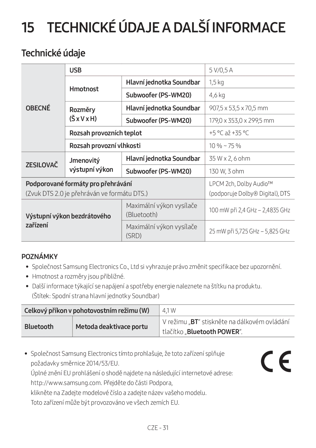 Samsung HW-M360/ZF, HW-M360/EN, HW-M360/ZG manual Technické údaje, Poznámky 