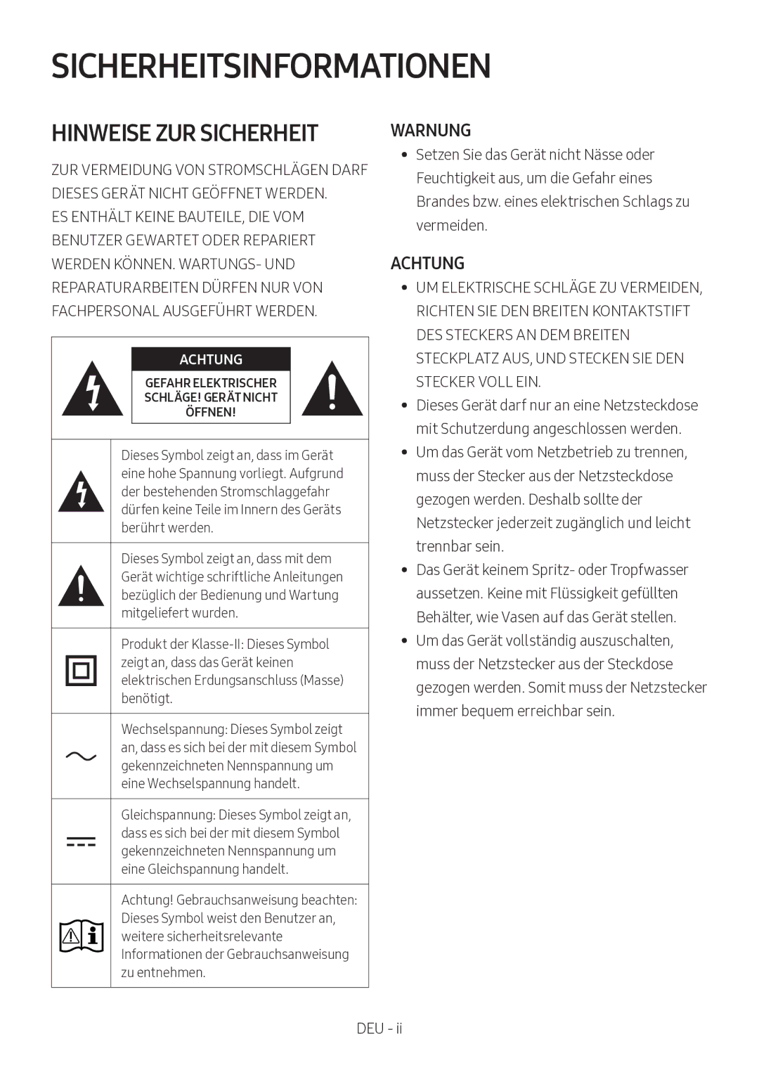 Samsung HW-M360/ZG, HW-M360/EN, HW-M360/ZF manual Sicherheitsinformationen, Warnung, Achtung 