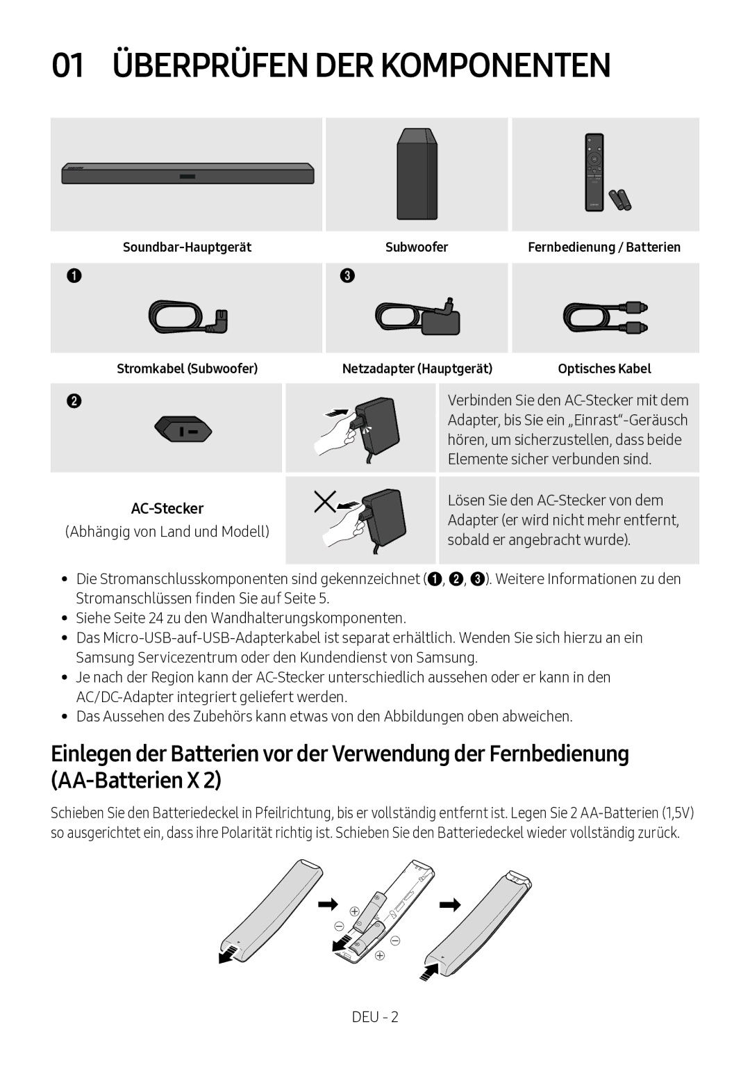 Samsung HW-M360/ZF, HW-M360/EN manual 01 Überprüfen DER Komponenten, AC-Stecker, Soundbar-Hauptgerät Stromkabel Subwoofer 