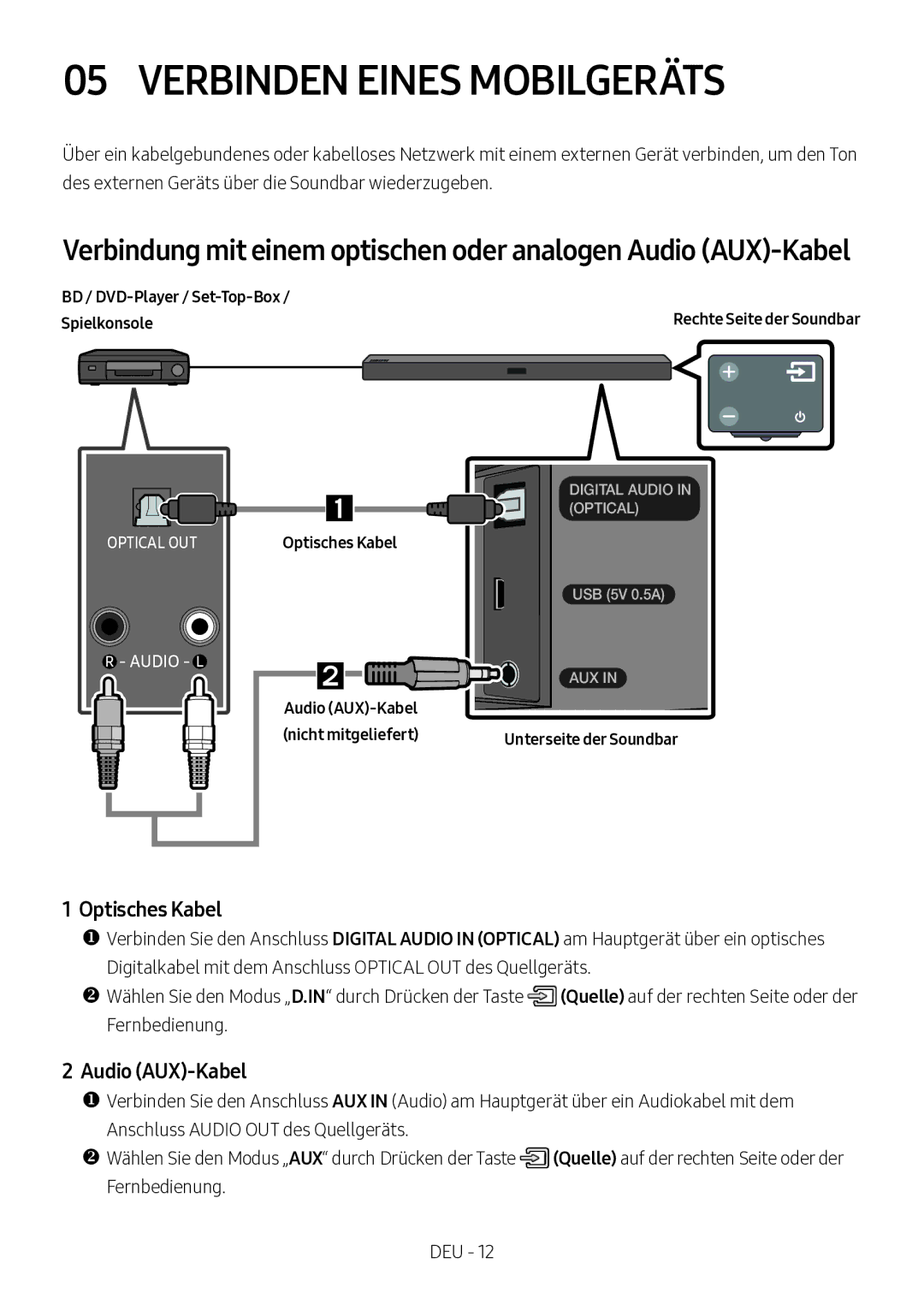 Samsung HW-M360/EN, HW-M360/ZG, HW-M360/ZF manual Verbinden Eines Mobilgeräts, Optisches Kabel, Audio AUX-Kabel 