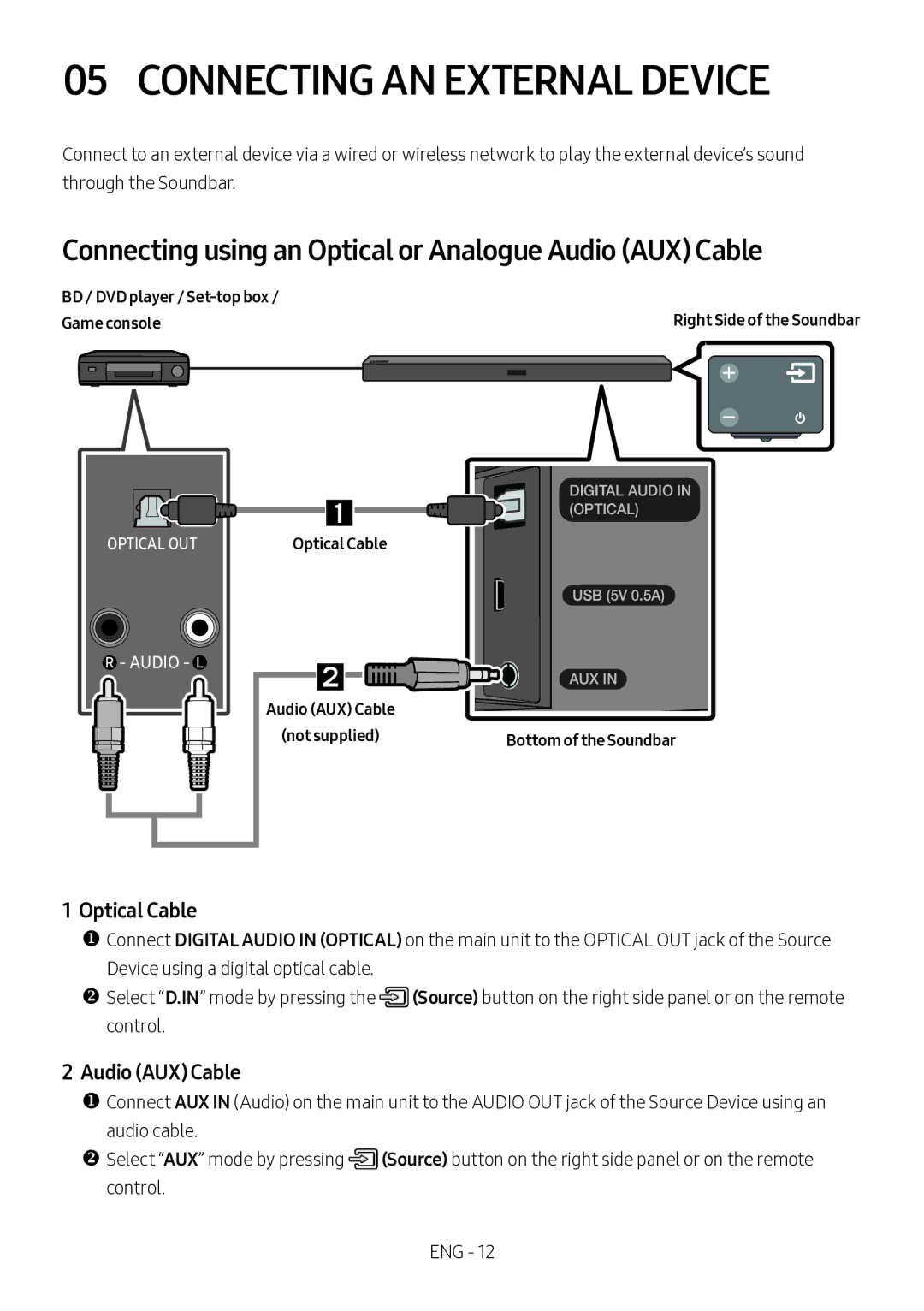 Samsung HW-M360/ZG Connecting AN External Device, Connecting using an Optical or Analogue Audio AUX Cable, Optical Cable 