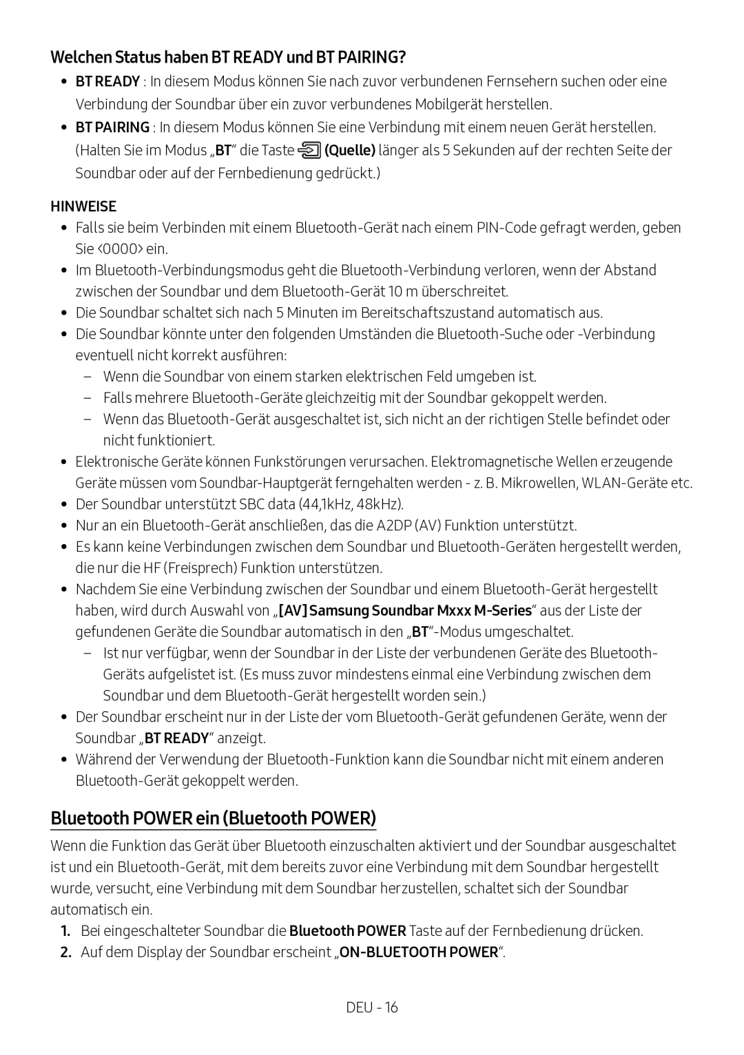 Samsung HW-M360/ZG, HW-M360/EN manual Bluetooth Power ein Bluetooth Power, Welchen Status haben BT Ready und BT PAIRING? 