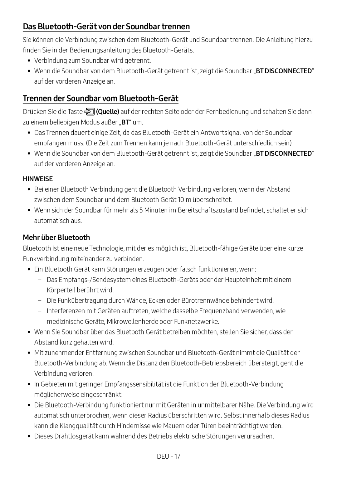 Samsung HW-M360/ZF, HW-M360/EN manual Das Bluetooth-Gerät von der Soundbar trennen, Trennen der Soundbar vom Bluetooth-Gerät 