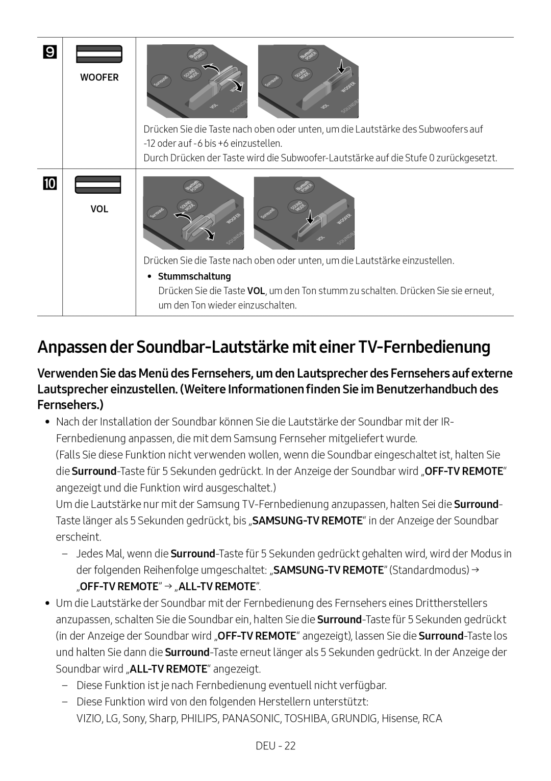 Samsung HW-M360/ZG, HW-M360/EN, HW-M360/ZF manual Anpassen der Soundbar-Lautstärke mit einer TV-Fernbedienung, Stummschaltung 