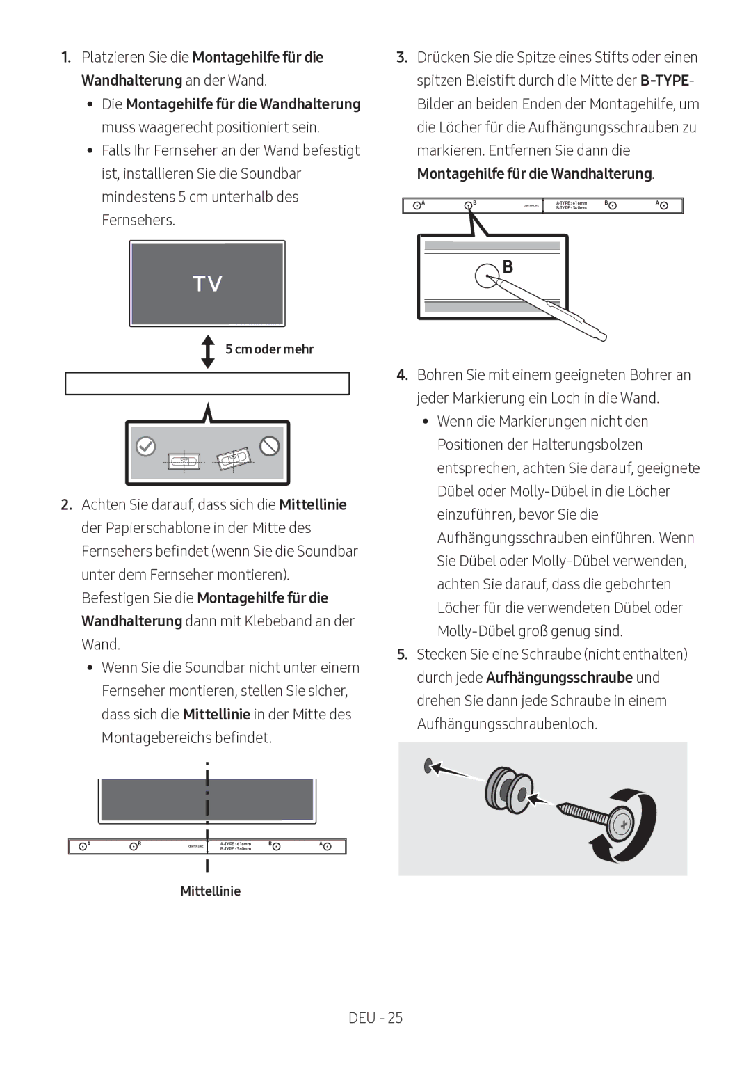 Samsung HW-M360/ZG, HW-M360/EN, HW-M360/ZF manual Cm oder mehr, Mittellinie 