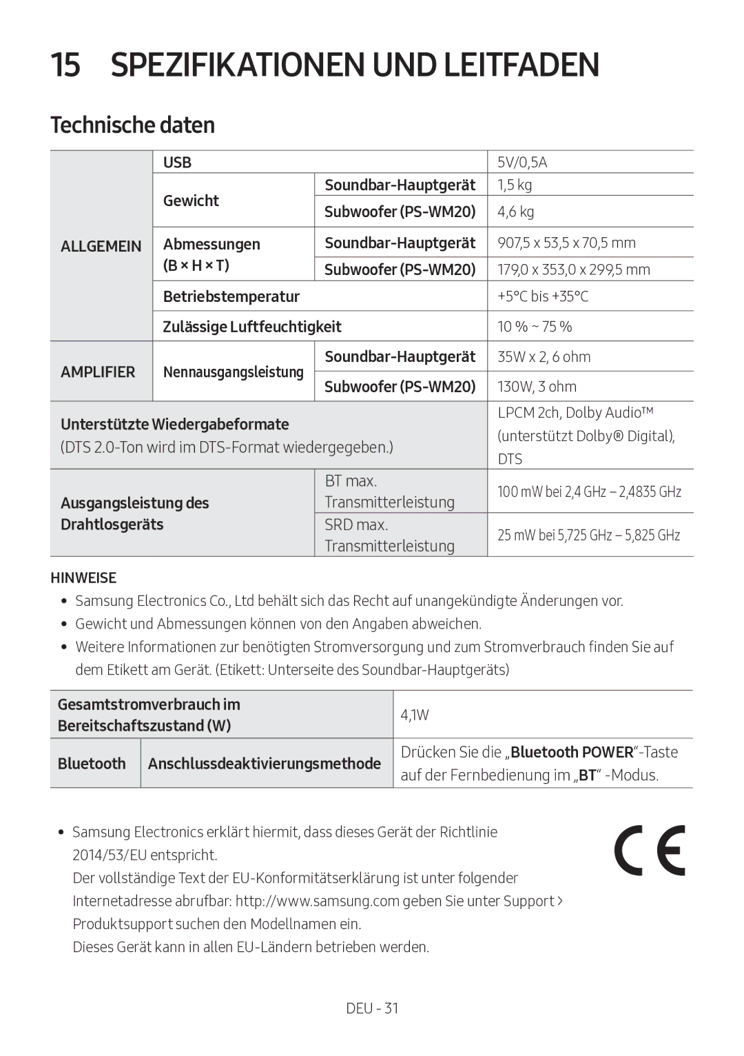 Samsung HW-M360/ZG, HW-M360/EN, HW-M360/ZF manual Spezifikationen UND Leitfaden, Technische daten 