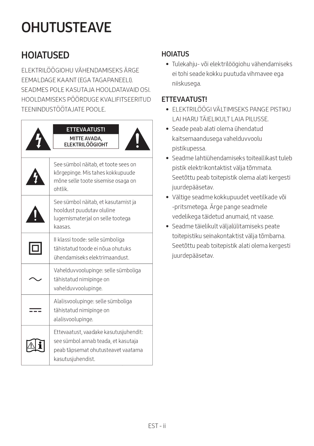 Samsung HW-M360/EN, HW-M360/ZG, HW-M360/ZF manual Ohutusteave, Hoiatus, Ettevaatust 