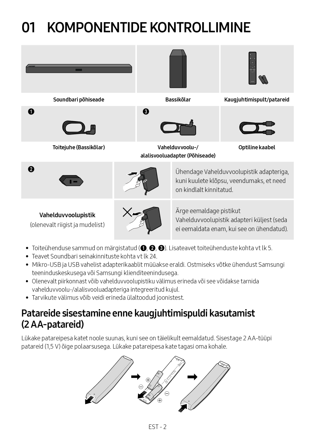 Samsung HW-M360/ZG, HW-M360/EN, HW-M360/ZF manual Komponentide Kontrollimine, Ühendage Vahelduvvoolupistik adapteriga 