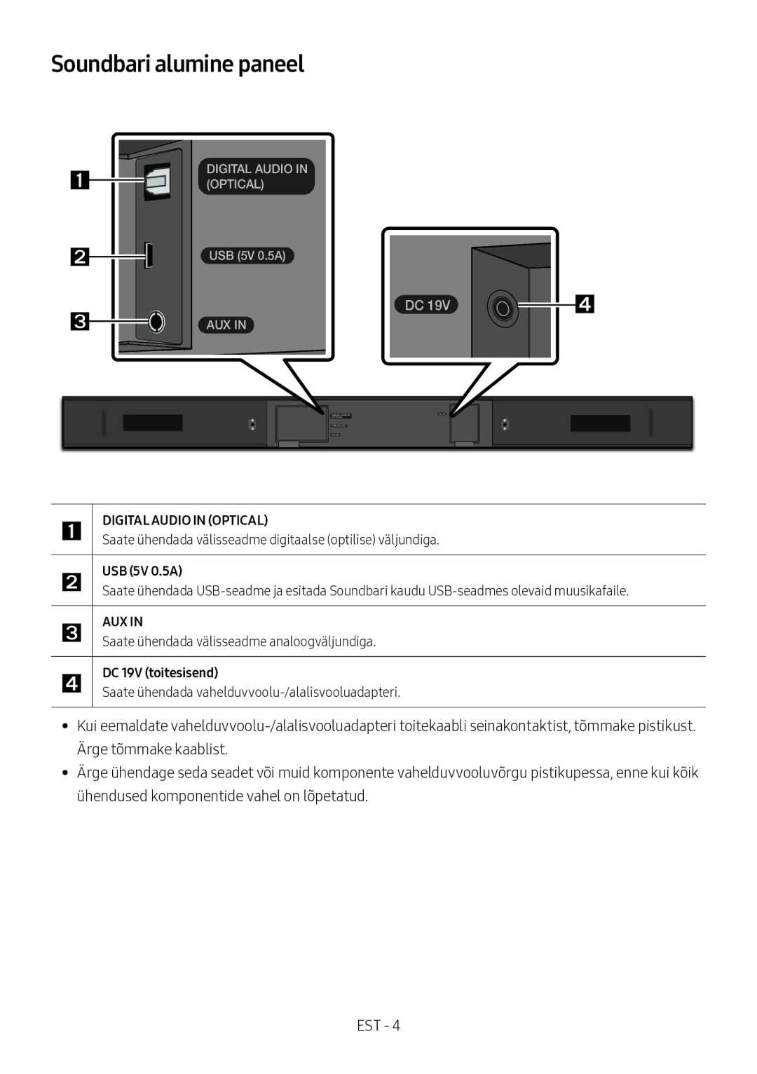 Samsung HW-M360/EN Soundbari alumine paneel, Saate ühendada välisseadme digitaalse optilise väljundiga, DC 19V toitesisend 