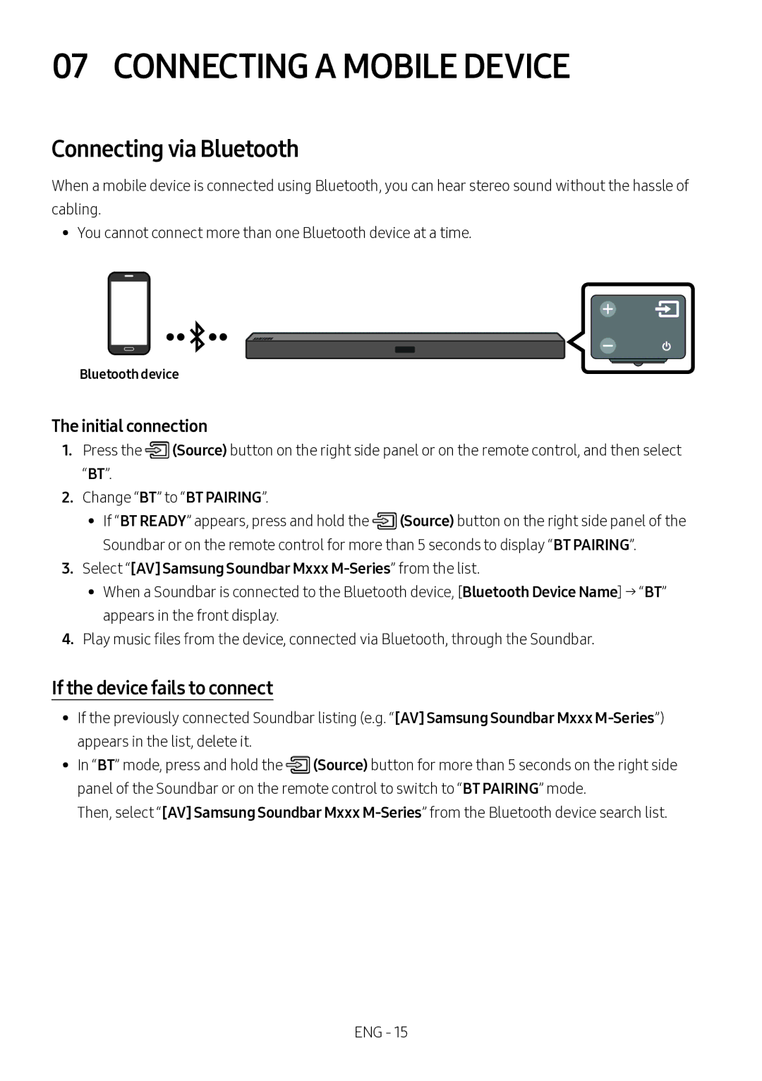 Samsung HW-M360/ZG Connecting a Mobile Device, Connecting via Bluetooth, If the device fails to connect, Bluetooth device 