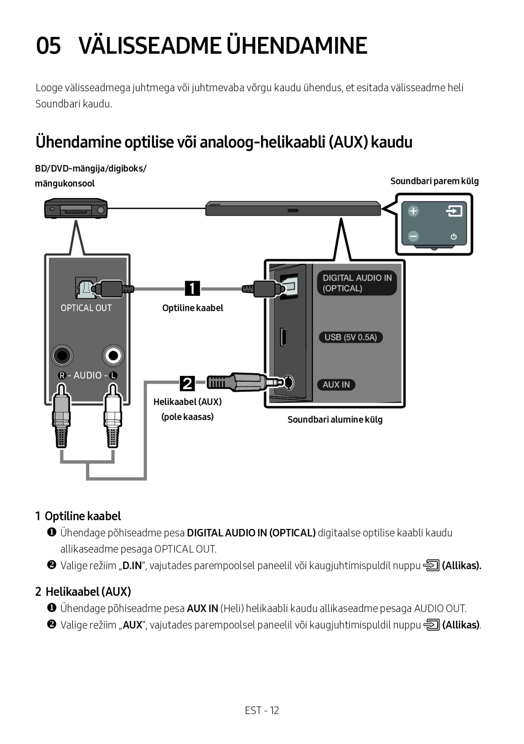 Samsung HW-M360/ZF manual 05 Välisseadme Ühendamine, Ühendamine optilise või analoog-helikaabli AUX kaudu, Optiline kaabel 