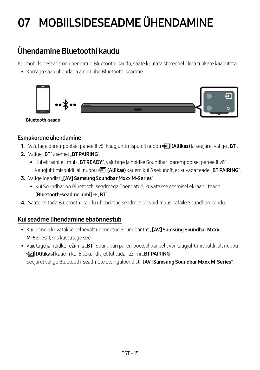 Samsung HW-M360/ZF, HW-M360/EN Mobiilsideseadme Ühendamine, Ühendamine Bluetoothi kaudu, Kui seadme ühendamine ebaõnnestub 