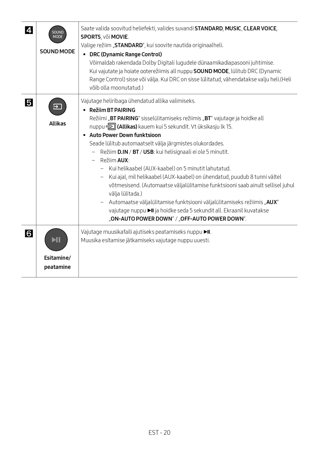 Samsung HW-M360/ZG manual SPORTS, või Movie, Režiim BT Pairing, Allikas, Auto Power Down funktsioon, Esitamine/ peatamine 