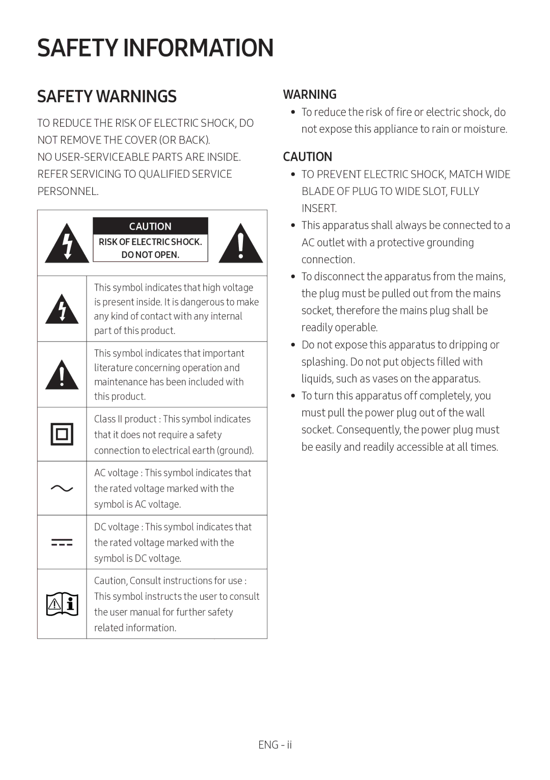 Samsung HW-M360/ZF, HW-M360/EN, HW-M360/ZG manual Safety Information, Safety Warnings 