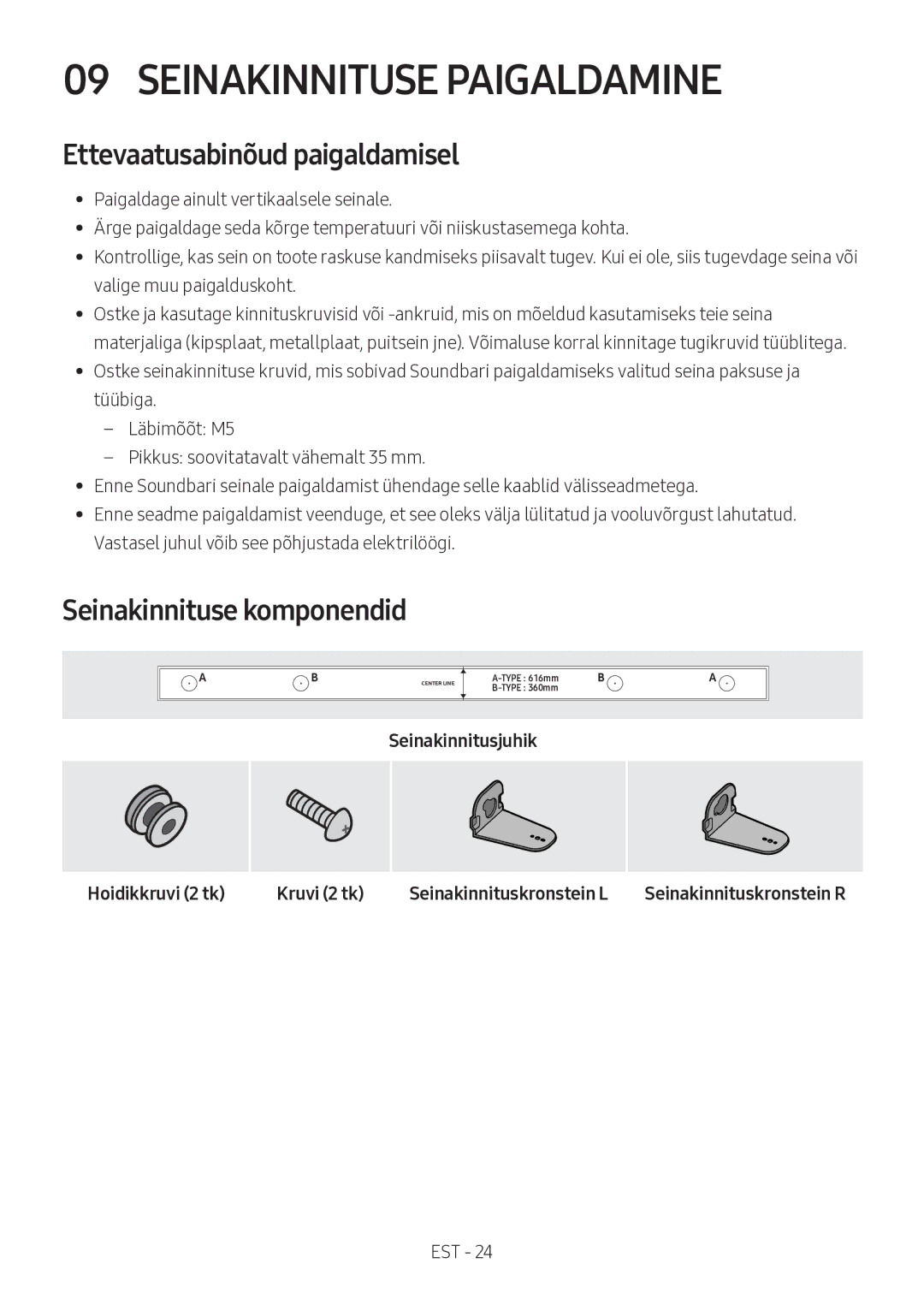 Samsung HW-M360/ZF, HW-M360/EN Seinakinnituse Paigaldamine, Ettevaatusabinõud paigaldamisel, Seinakinnituse komponendid 