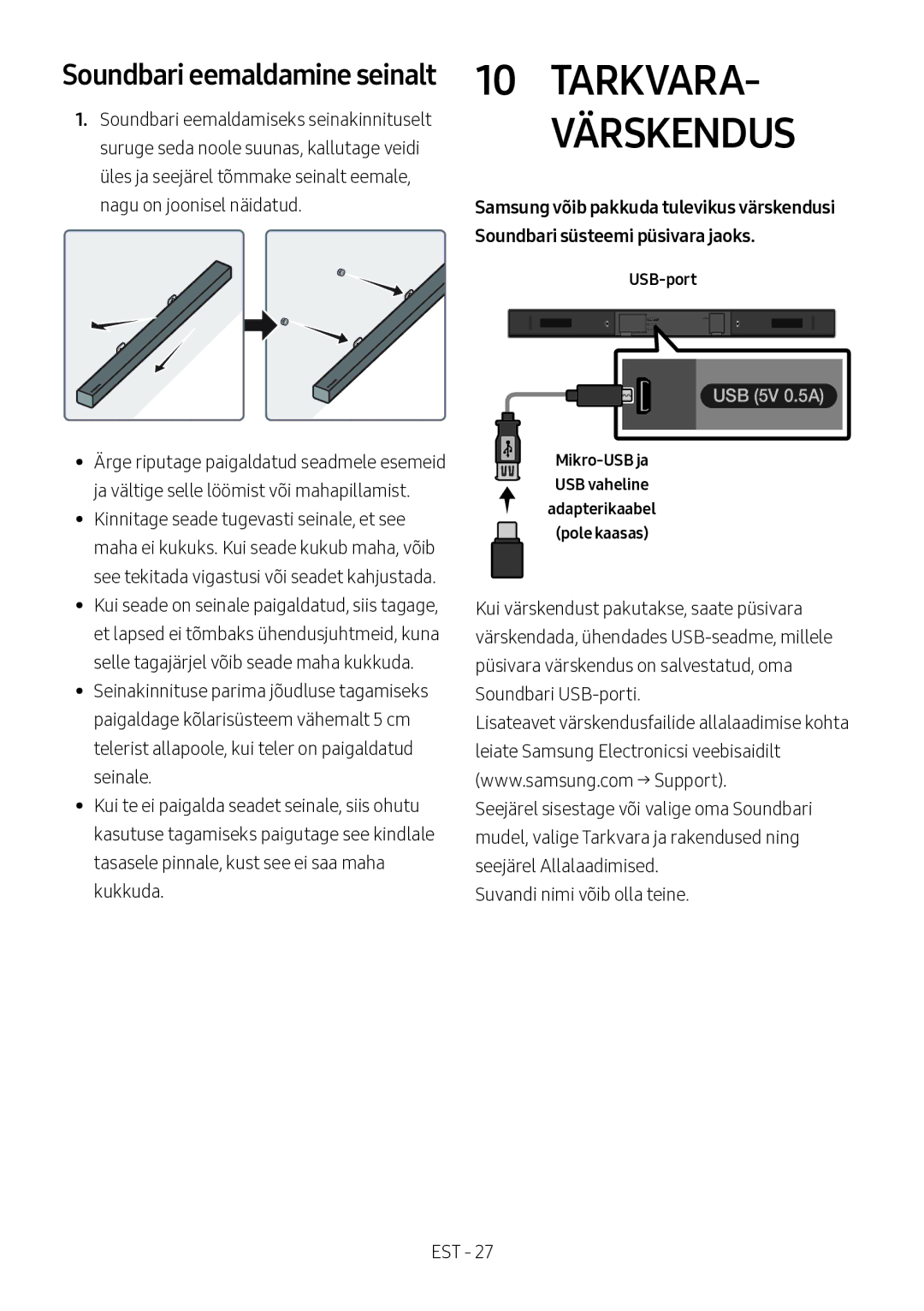 Samsung HW-M360/ZF, HW-M360/EN, HW-M360/ZG manual Soundbari eemaldamine seinalt, USB-port 