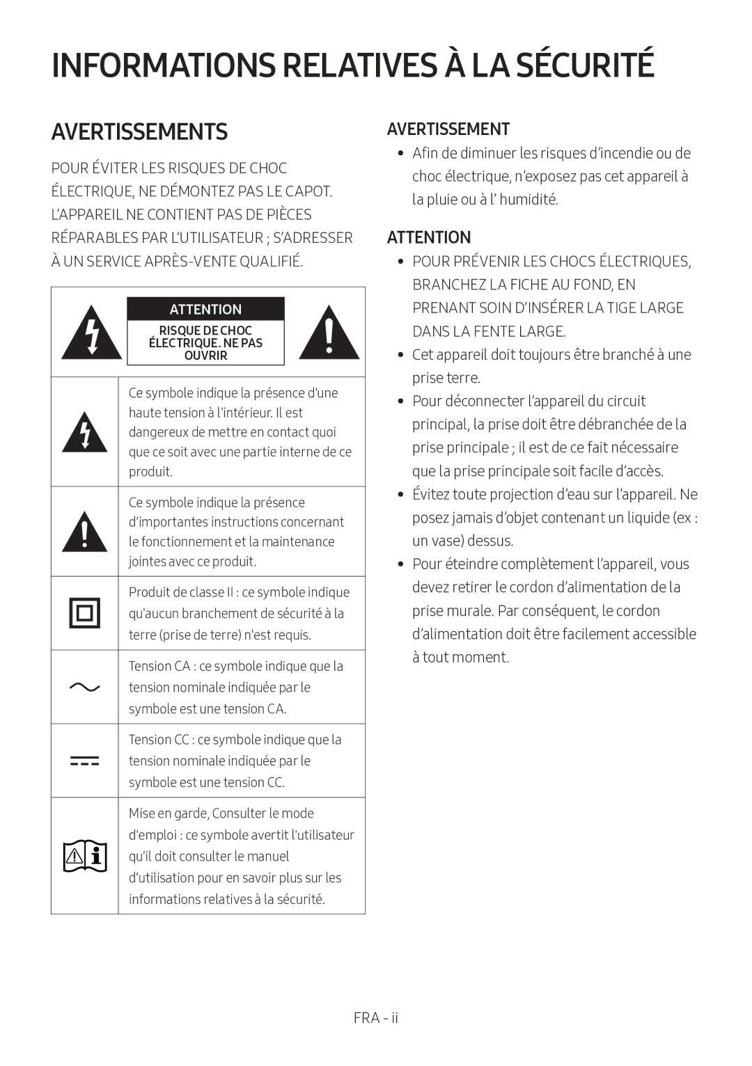 Samsung HW-M360/ZF, HW-M360/EN, HW-M360/ZG manual Informations Relatives À LA Sécurité, Avertissement 