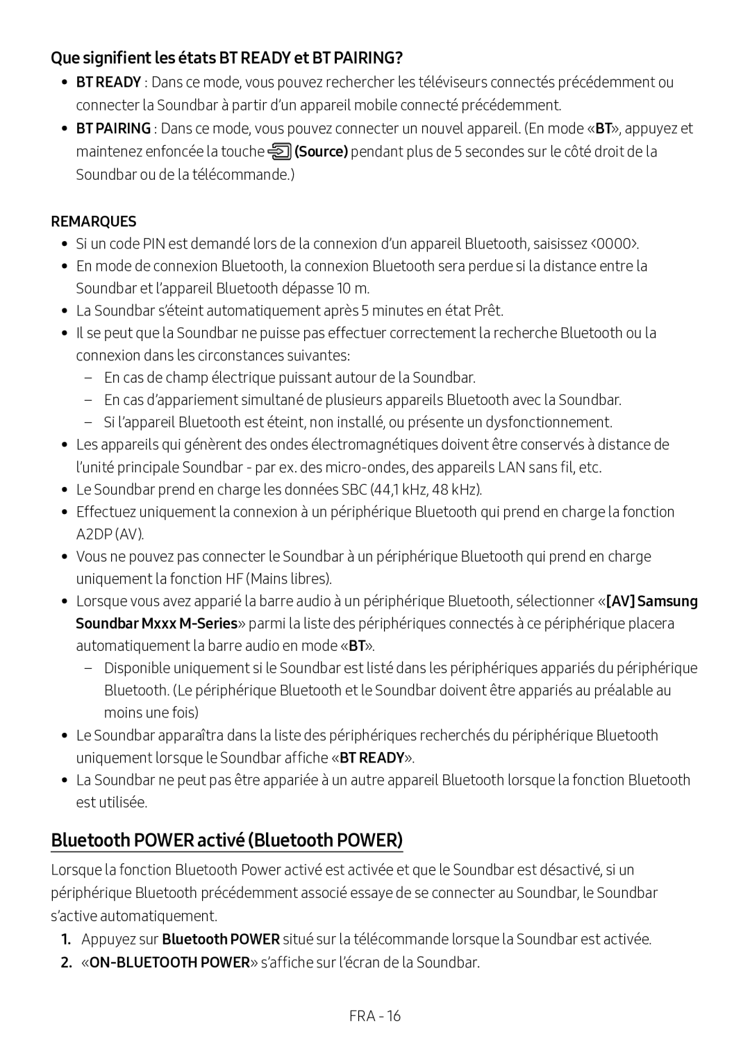 Samsung HW-M360/ZF, HW-M360/EN Bluetooth Power activé Bluetooth Power, Que signifient les états BT Ready et BT PAIRING? 