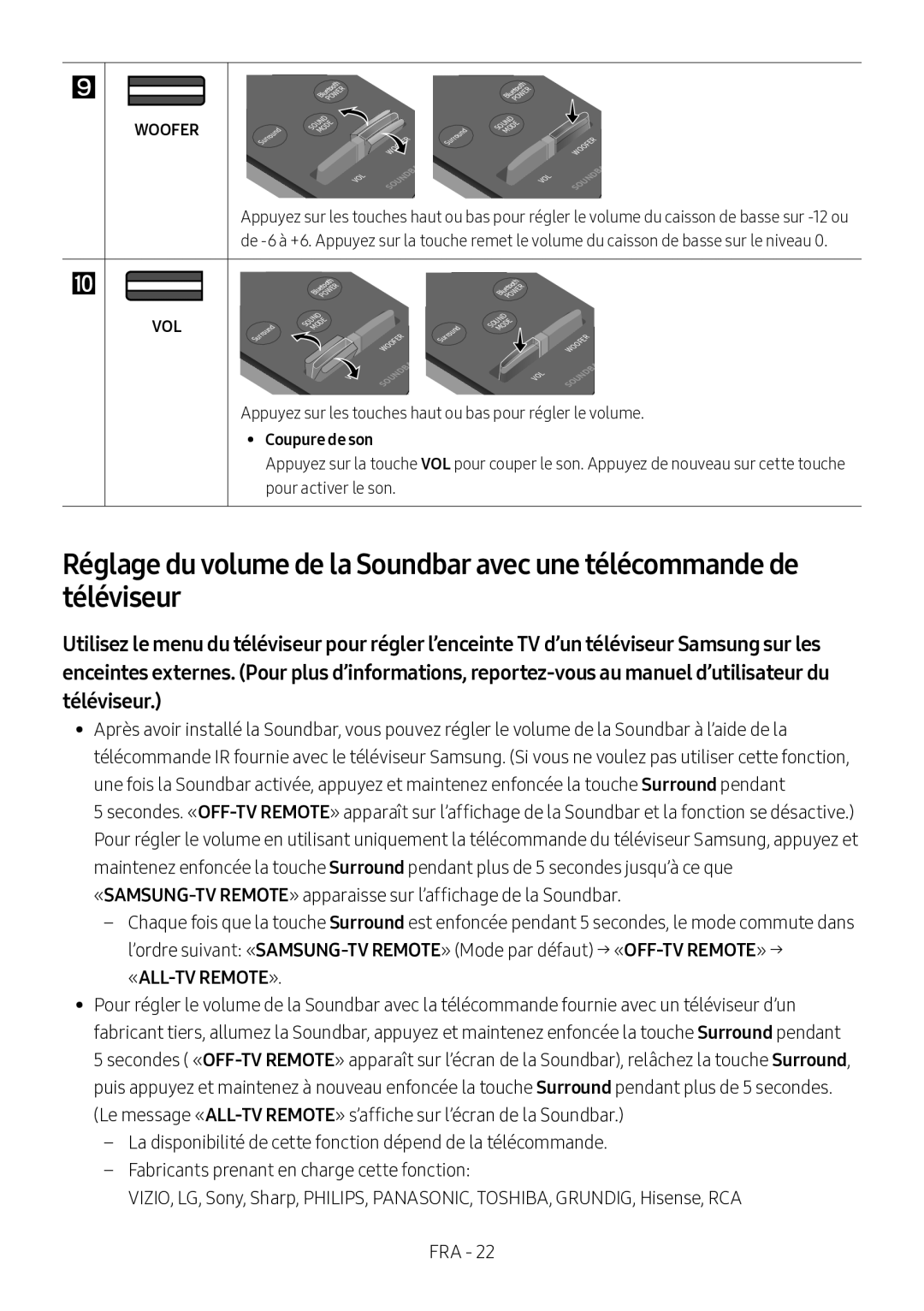 Samsung HW-M360/ZF, HW-M360/EN «All-Tv Remote», Appuyez sur les touches haut ou bas pour régler le volume, Coupure de son 