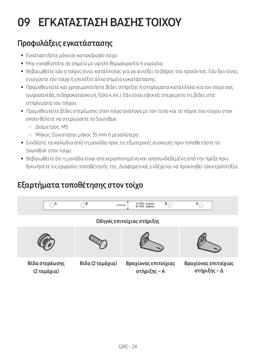 Samsung HW-M360/EN, HW-M360/ZG 09 Εγκατασταση Βασησ Τοιχου, Προφυλάξεις εγκατάστασης, Εξαρτήματα τοποθέτησης στον τοίχο 