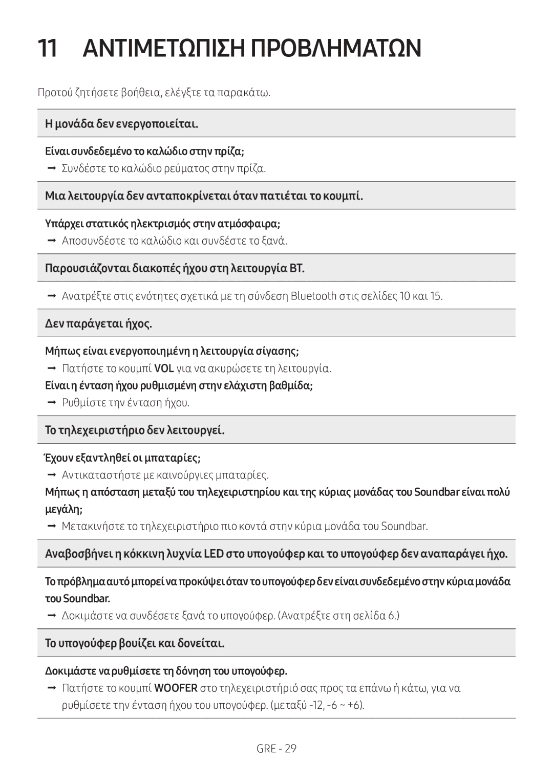 Samsung HW-M360/ZF, HW-M360/EN, HW-M360/ZG manual 11 Αντιμετωπιση Προβληματων 