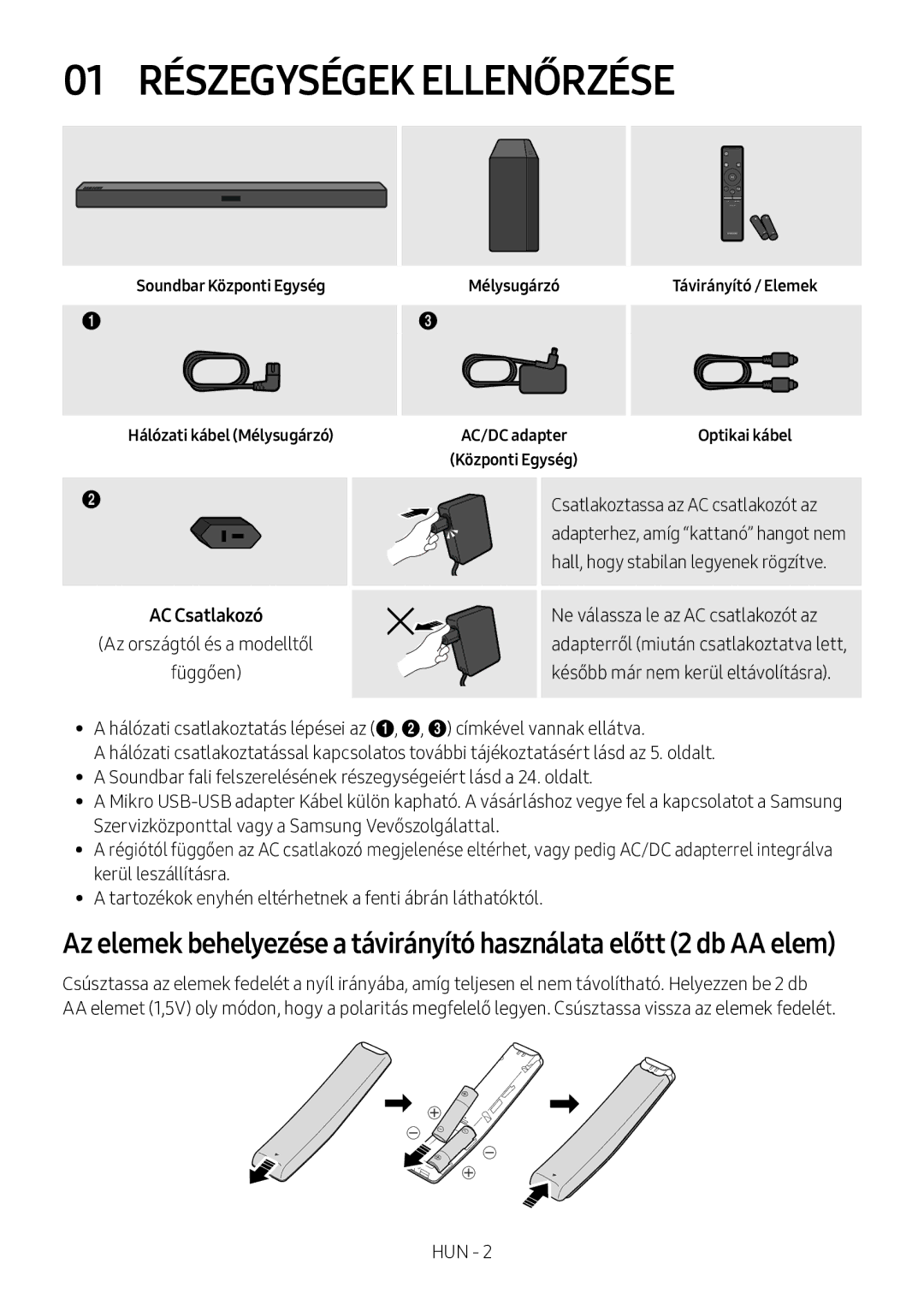 Samsung HW-M360/ZG, HW-M360/EN, HW-M360/ZF 01 Részegységek Ellenőrzése, Soundbar Központi Egység Hálózati kábel Mélysugárzó 