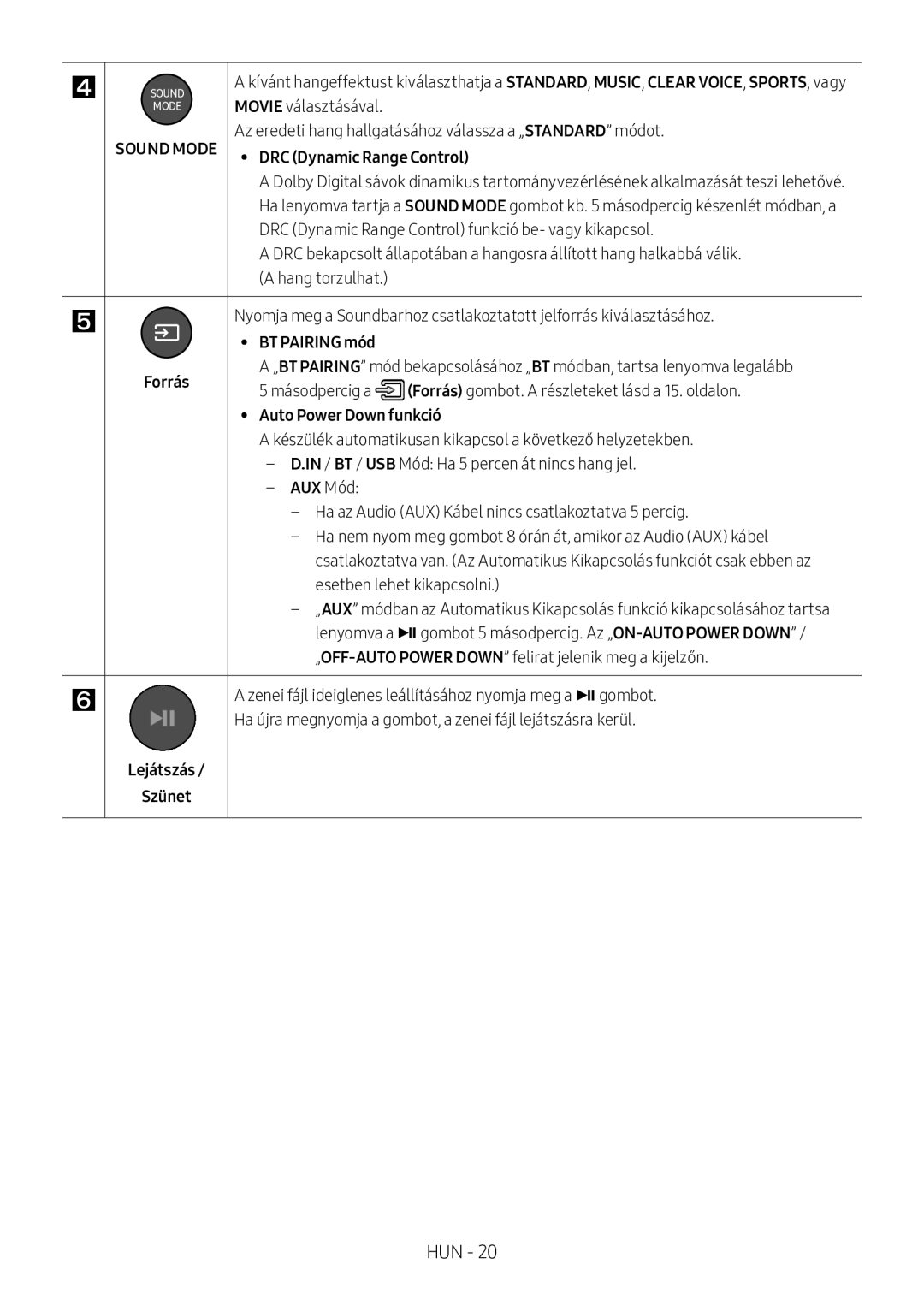 Samsung HW-M360/ZG, HW-M360/EN, HW-M360/ZF manual BT Pairing mód Forrás, Auto Power Down funkció, AUX Mód, Lejátszás Szünet 