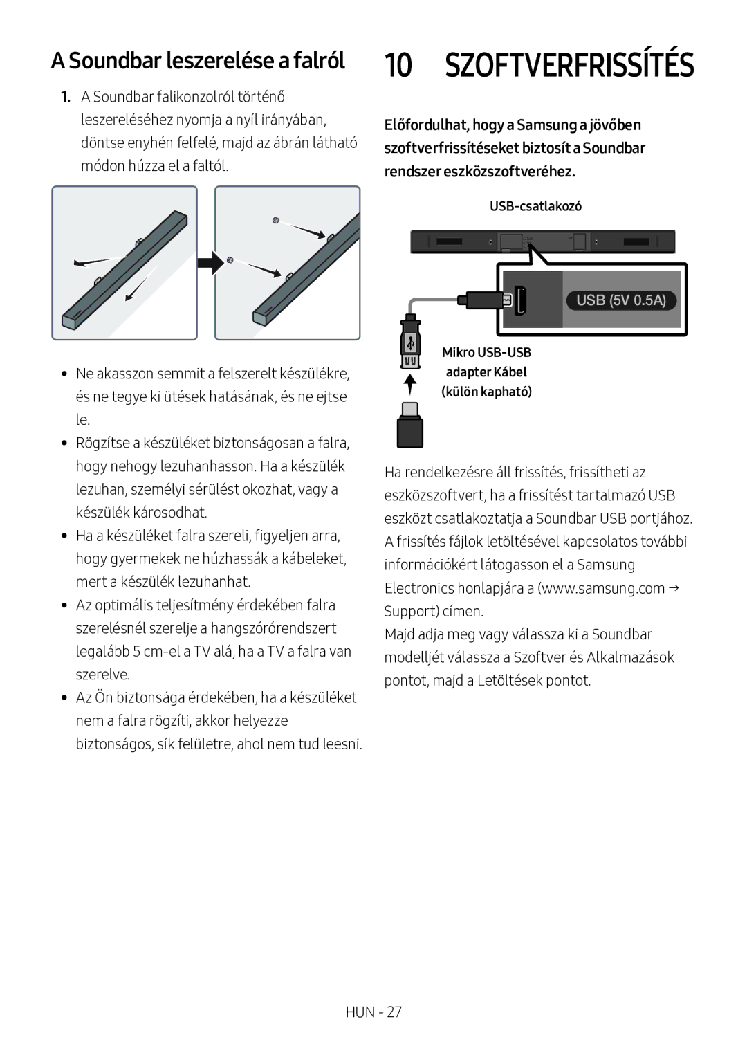 Samsung HW-M360/ZF, HW-M360/EN, HW-M360/ZG manual Soundbar leszerelése a falról, Mikro USB-USB Adapter Kábel Külön kapható 