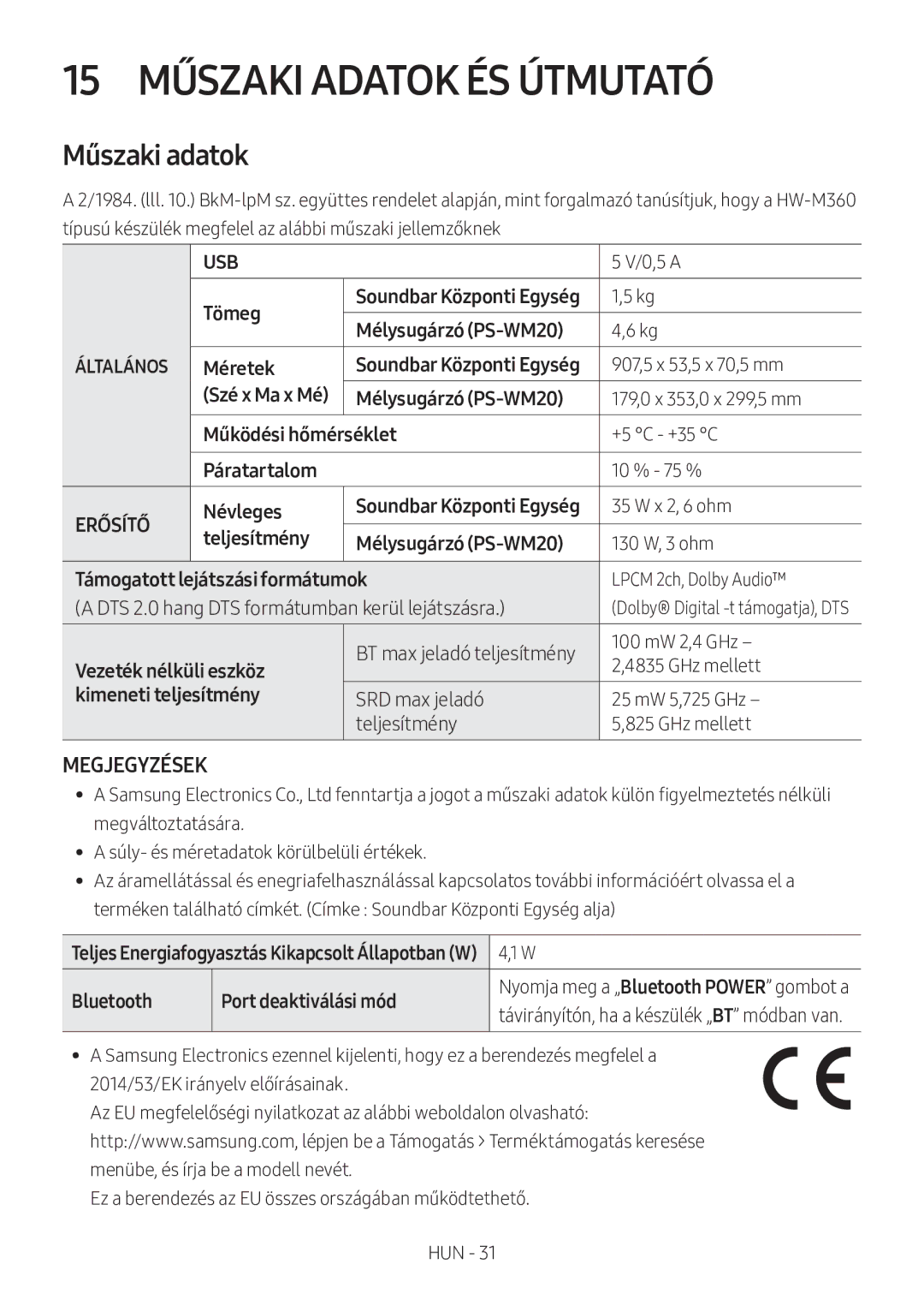 Samsung HW-M360/EN, HW-M360/ZG, HW-M360/ZF manual 15 Műszaki Adatok ÉS Útmutató, Műszaki adatok, Megjegyzések 