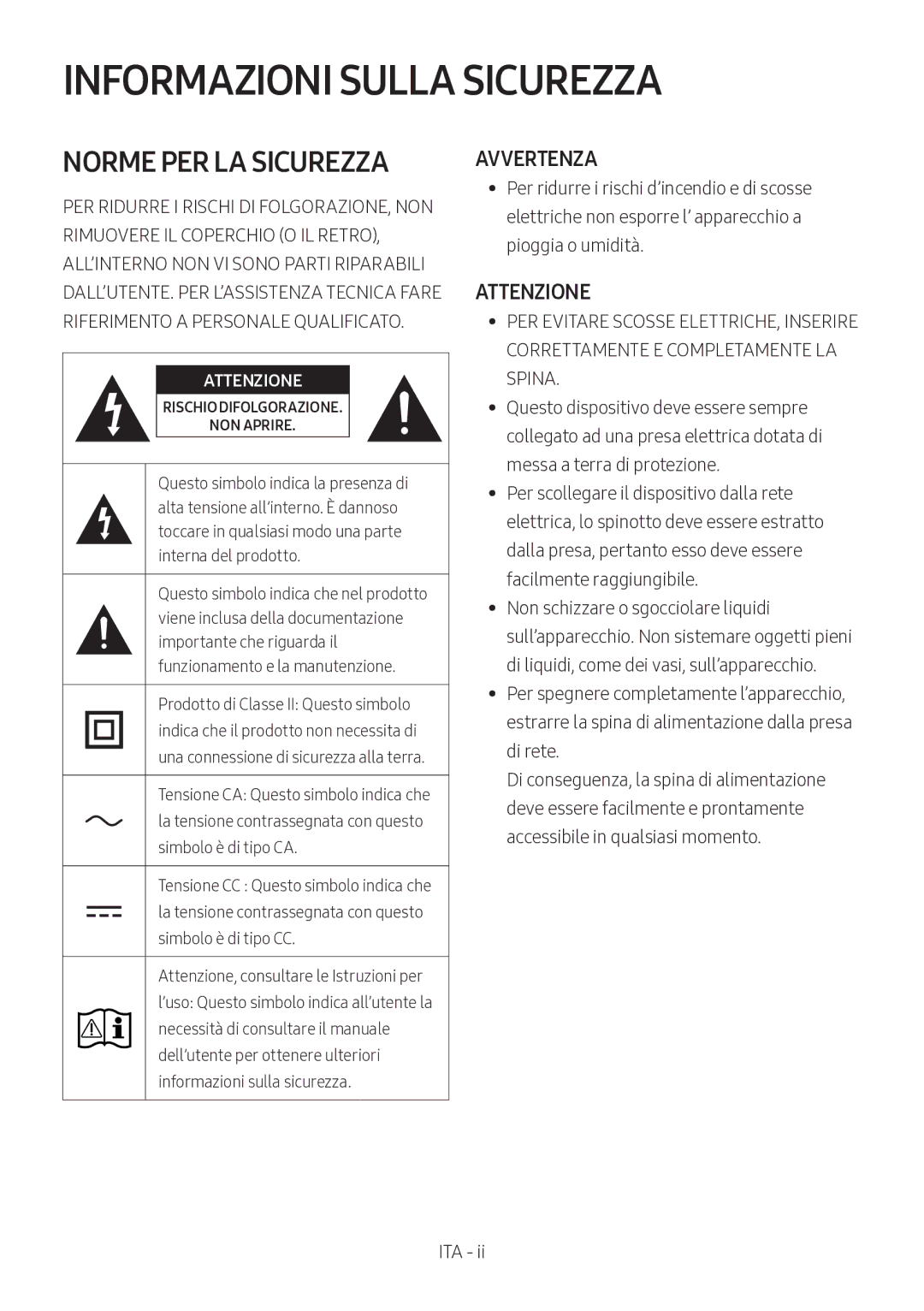 Samsung HW-M360/ZF, HW-M360/EN, HW-M360/ZG manual Informazioni Sulla Sicurezza, Avvertenza, Attenzione 