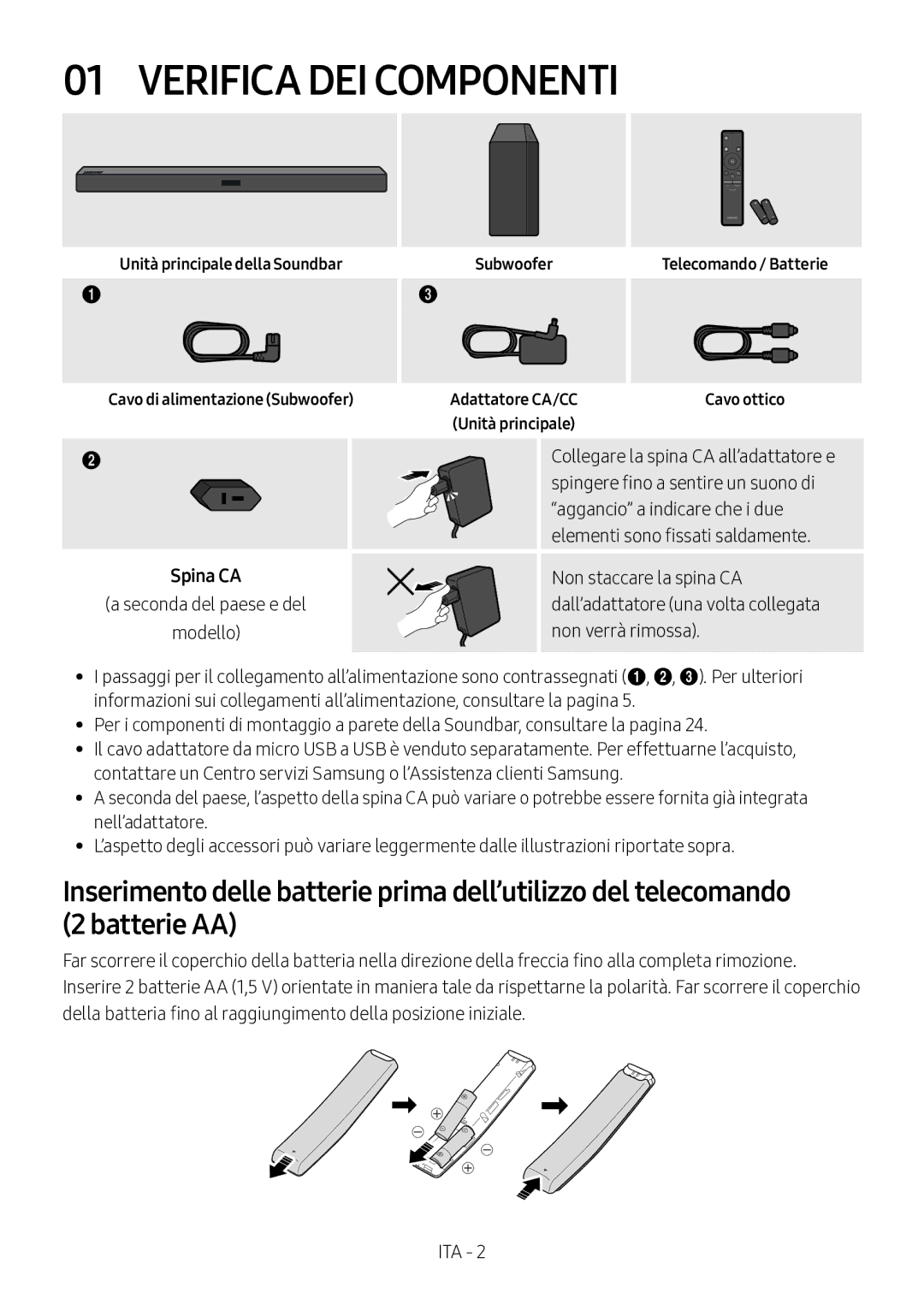 Samsung HW-M360/EN, HW-M360/ZG manual Verifica DEI Componenti, Unità principale della Soundbar Subwoofer, Non verrà rimossa 