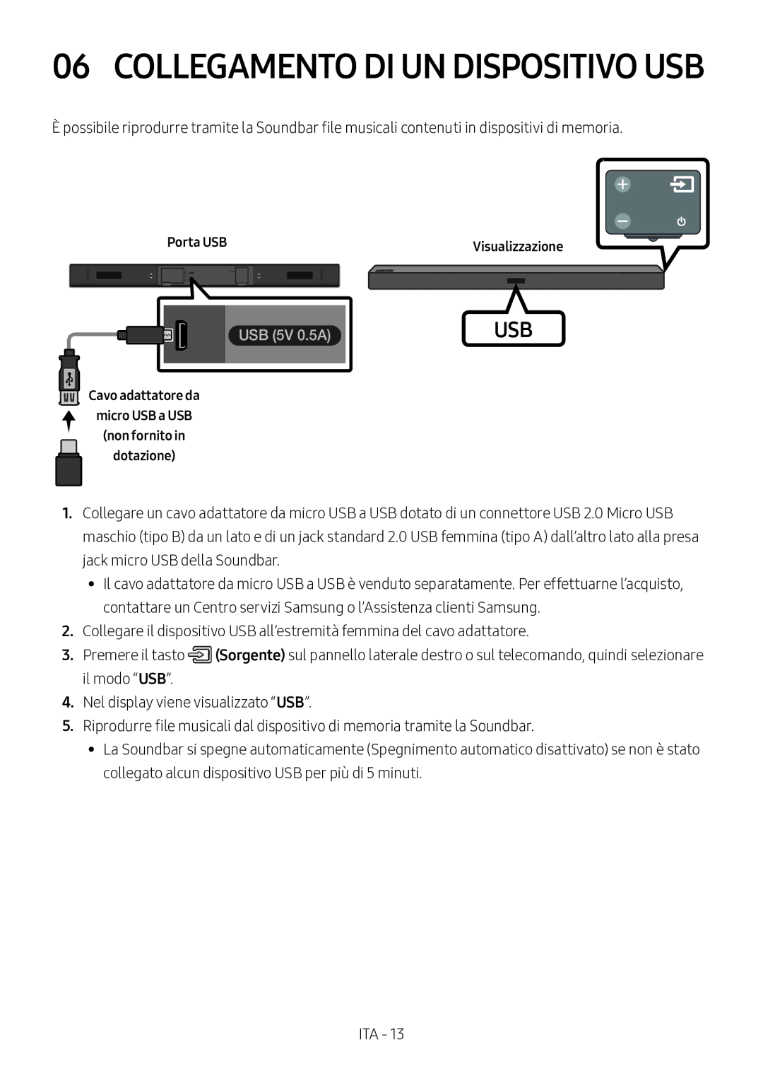 Samsung HW-M360/ZF, HW-M360/EN manual Porta USB Visualizzazione, Cavo adattatore da Micro USB a USB Non fornito Dotazione 