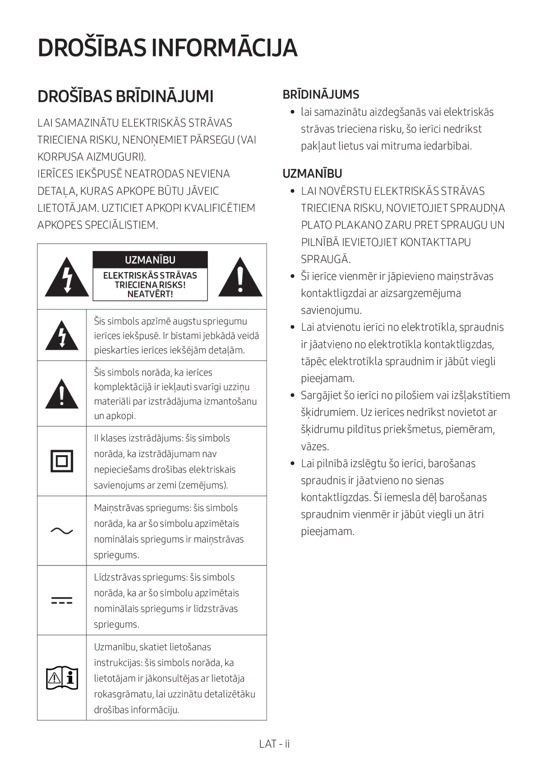 Samsung HW-M360/ZG, HW-M360/EN, HW-M360/ZF manual Drošības Informācija, Brīdinājums, Uzmanību 