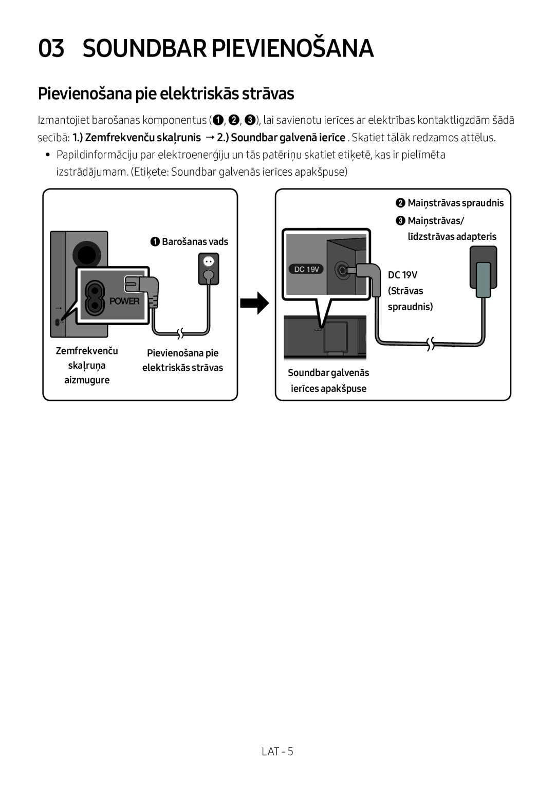 Samsung HW-M360/ZF, HW-M360/EN, HW-M360/ZG manual Soundbar Pievienošana, Pievienošana pie elektriskās strāvas 