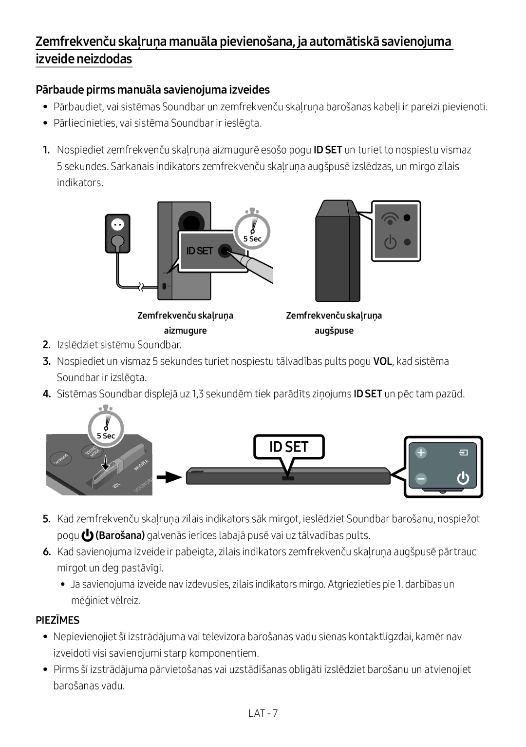 Samsung HW-M360/ZG manual Pārbaude pirms manuāla savienojuma izveides, Piezīmes, Zemfrekvenču skaļruņa, Aizmugureaugšpuse 