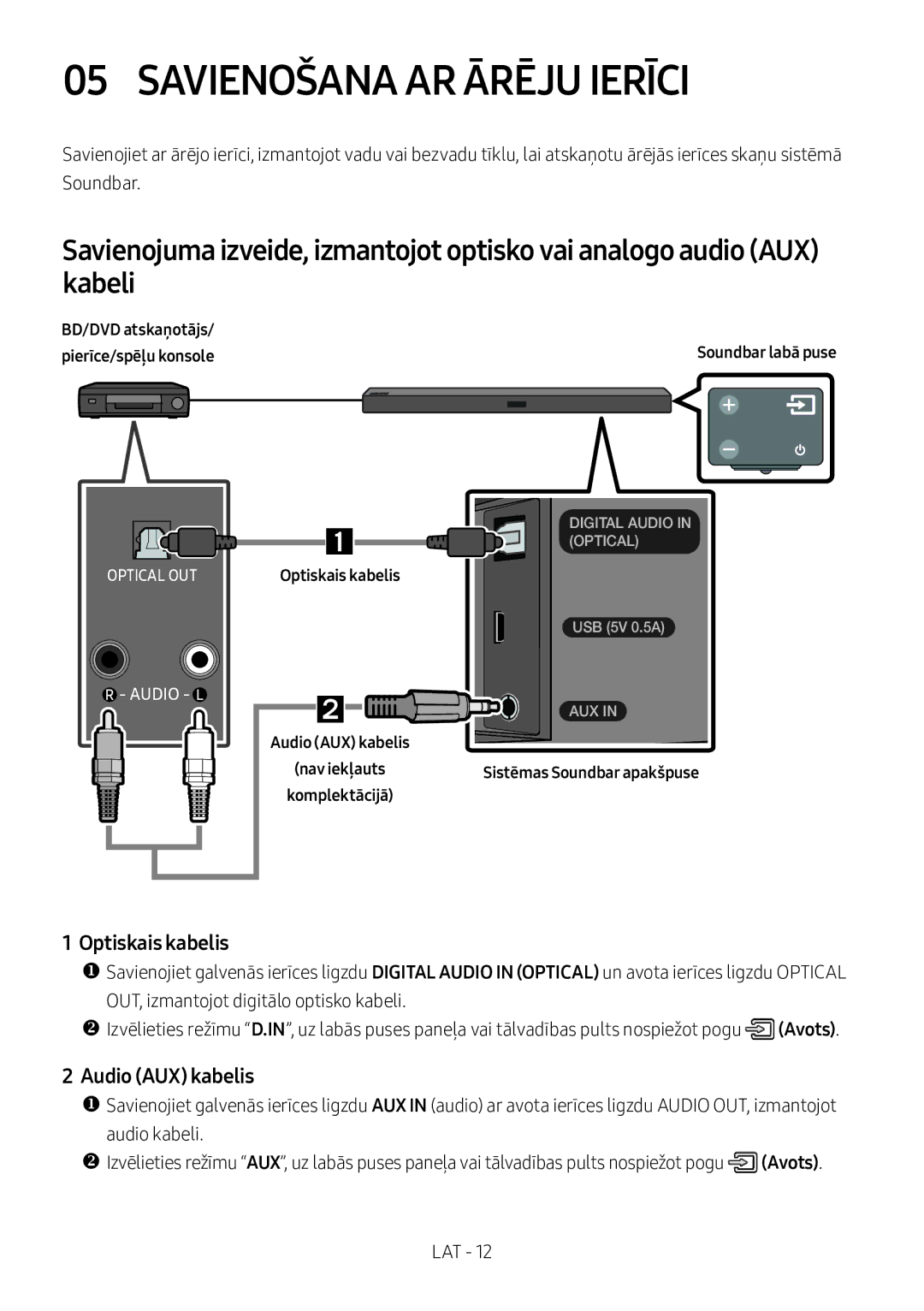 Samsung HW-M360/EN, HW-M360/ZG, HW-M360/ZF manual Savienošana AR Ārēju Ierīci, Optiskais kabelis, Audio AUX kabelis 