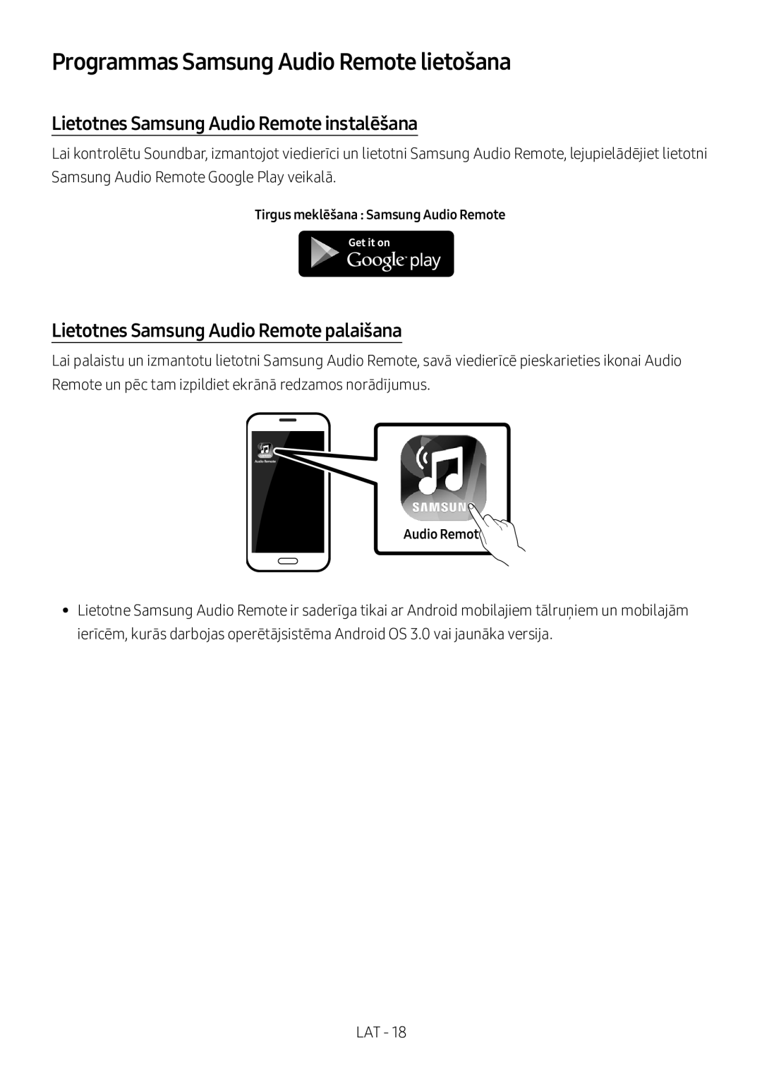 Samsung HW-M360/EN, HW-M360/ZG manual Programmas Samsung Audio Remote lietošana, Lietotnes Samsung Audio Remote instalēšana 