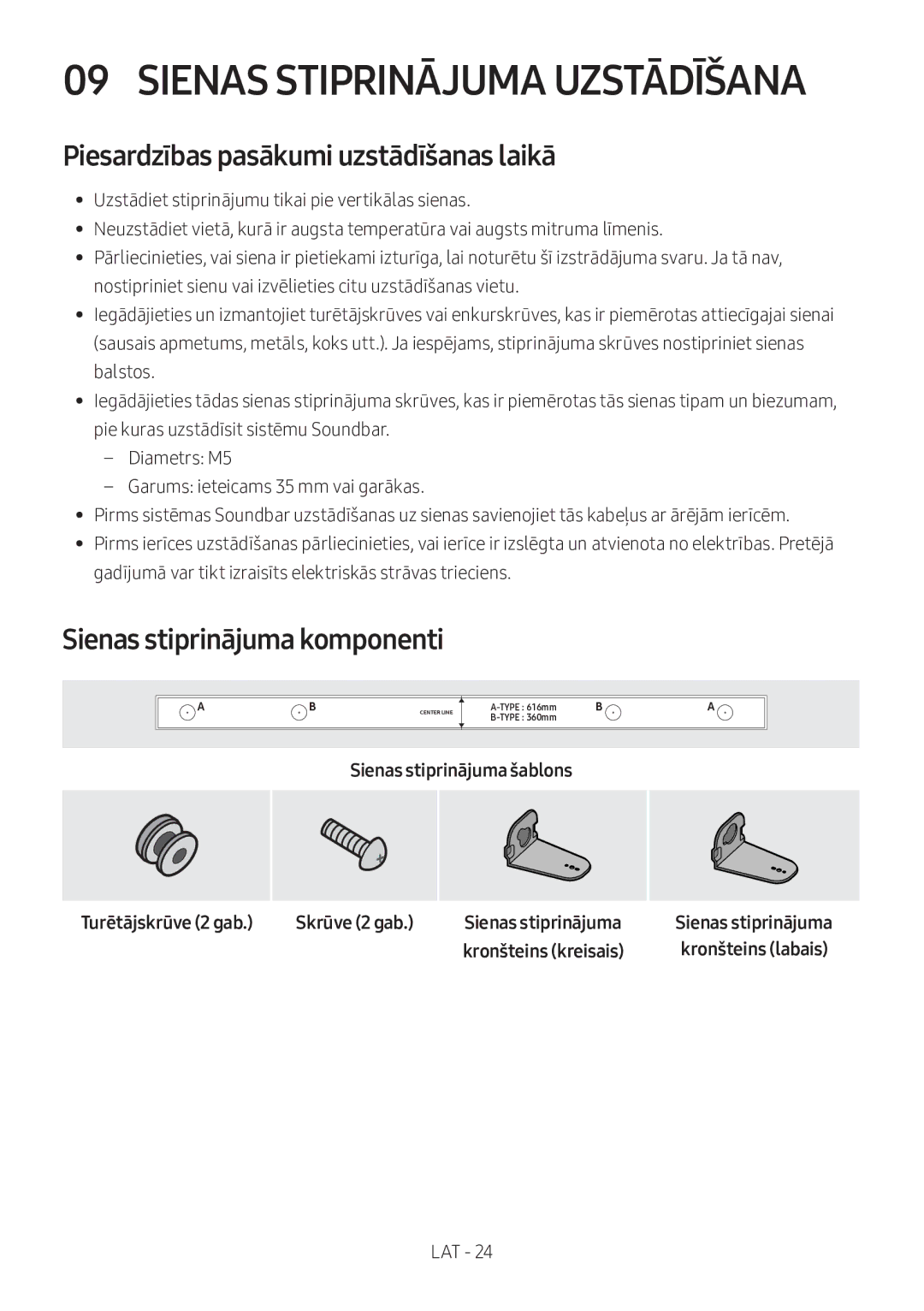 Samsung HW-M360/EN manual Sienas Stiprinājuma Uzstādīšana, Piesardzības pasākumi uzstādīšanas laikā, Turētājskrūve 2 gab 