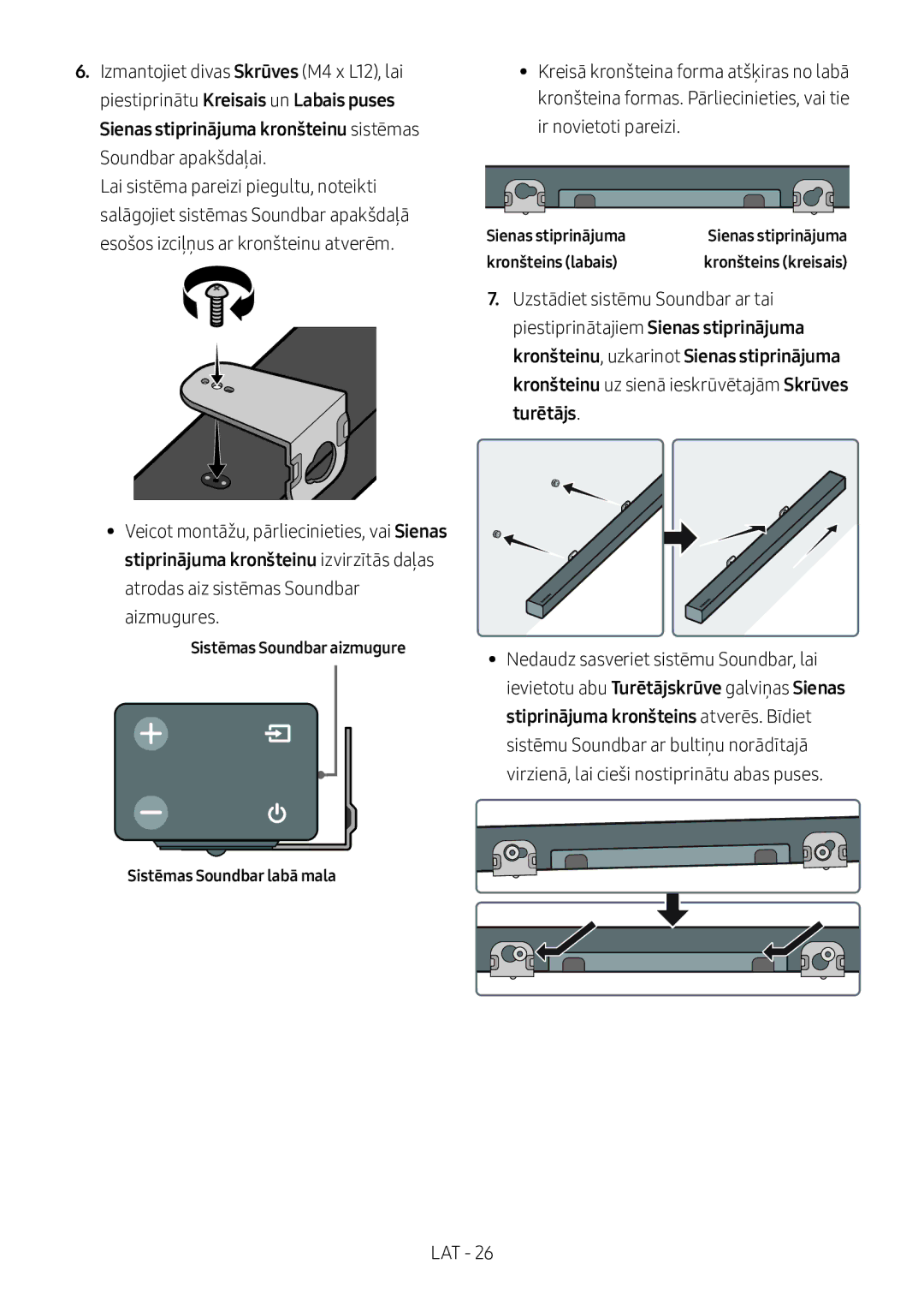 Samsung HW-M360/ZF manual Sistēmas Soundbar aizmugure, Sienas stiprinājuma, Kronšteins labais, Sistēmas Soundbar labā mala 