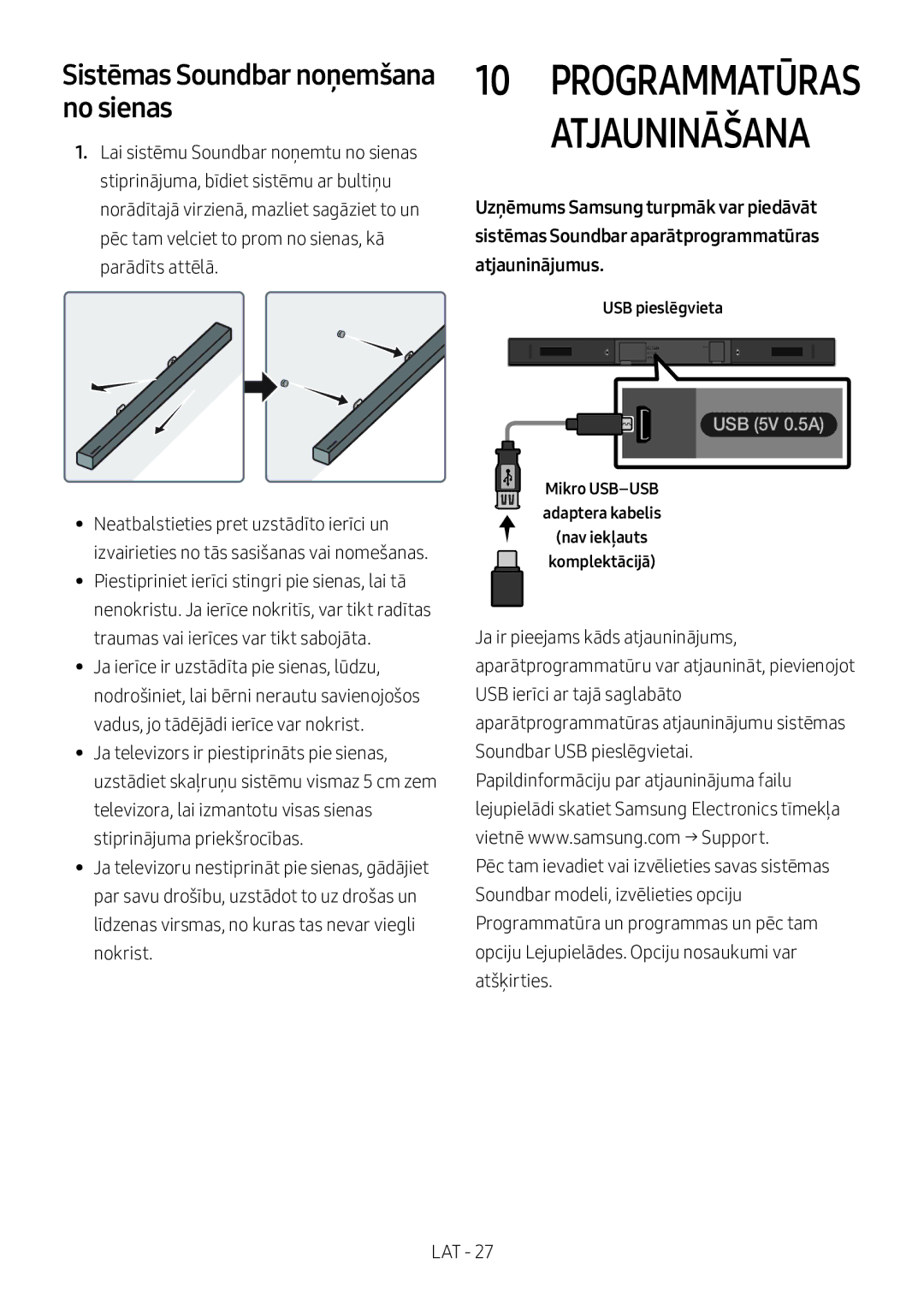 Samsung HW-M360/EN, HW-M360/ZG, HW-M360/ZF manual Atjaunināšana, Sistēmas Soundbar noņemšana no sienas 