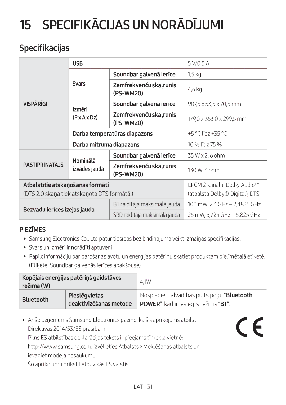 Samsung HW-M360/ZG, HW-M360/EN, HW-M360/ZF manual Specifikācijas UN Norādījumi, Piezīmes 