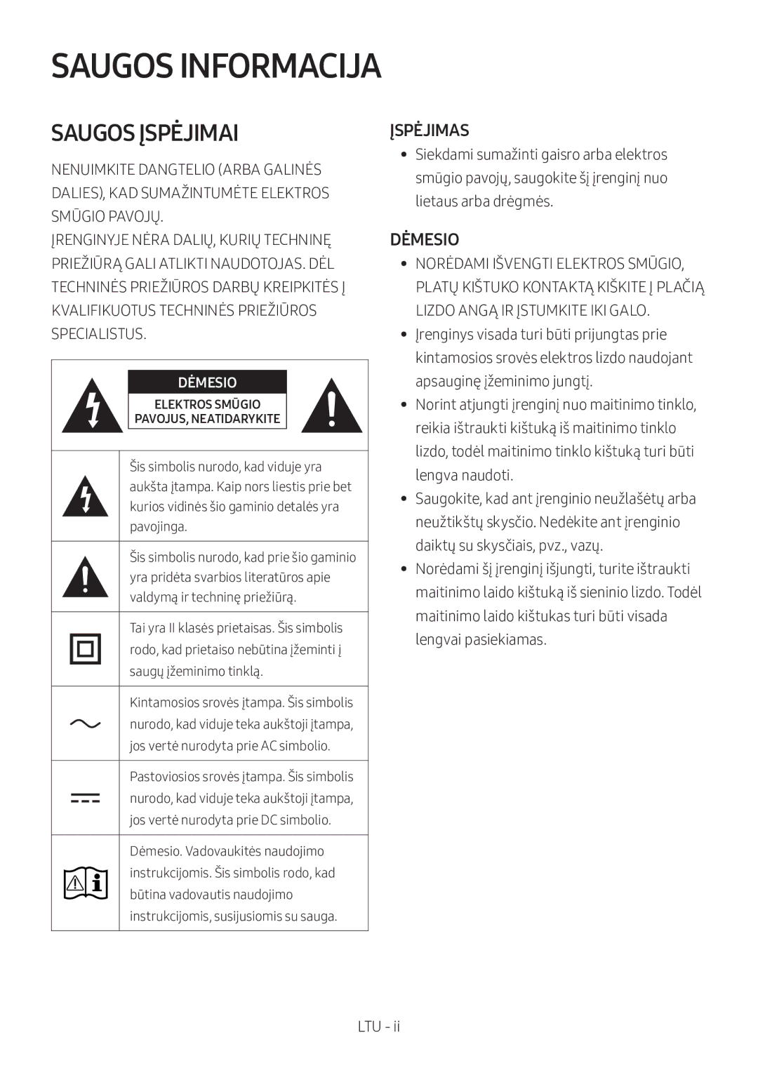 Samsung HW-M360/EN, HW-M360/ZG, HW-M360/ZF manual Saugos Informacija, Įspėjimas, Dėmesio 