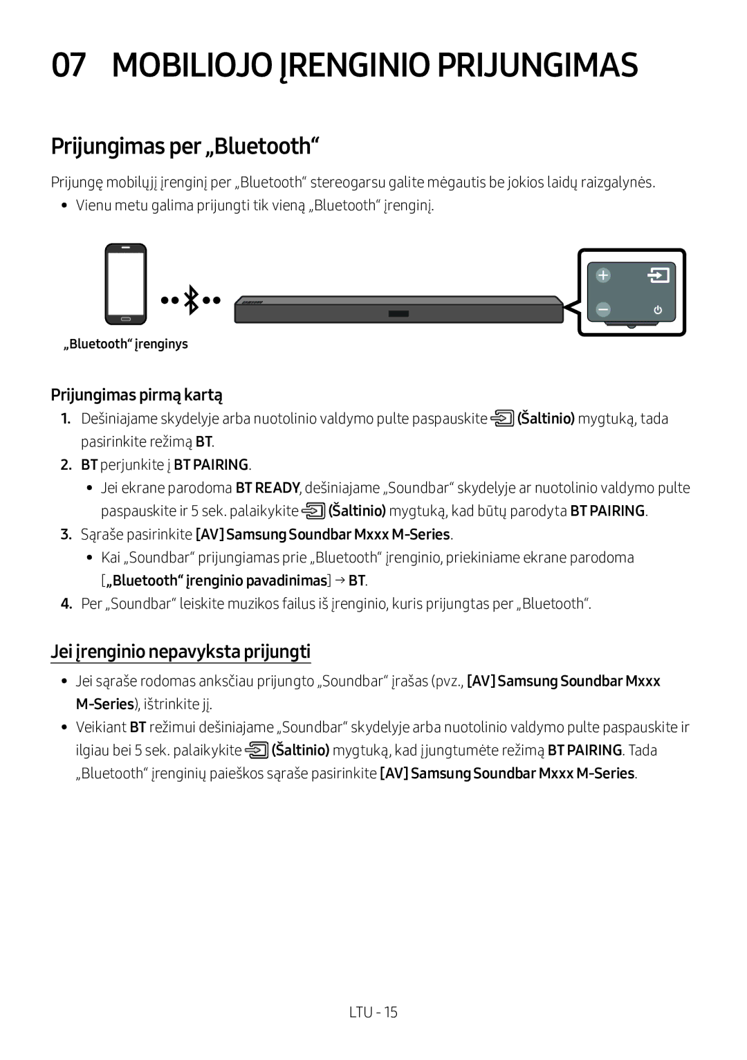 Samsung HW-M360/ZF manual Mobiliojo Įrenginio Prijungimas, Prijungimas per „Bluetooth, Jei įrenginio nepavyksta prijungti 