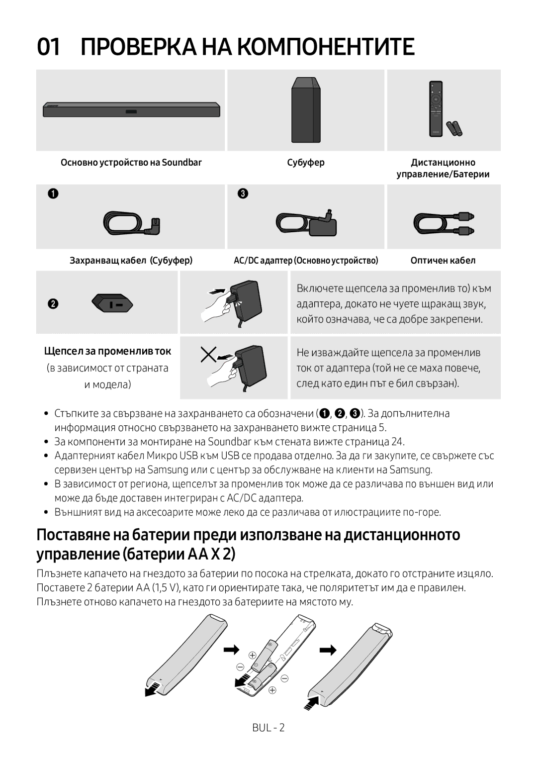 Samsung HW-M360/ZF 01 Проверка НА Компонентите, Основно устройство на Soundbar, Захранващ кабел Субуфер, Оптичен кабел 