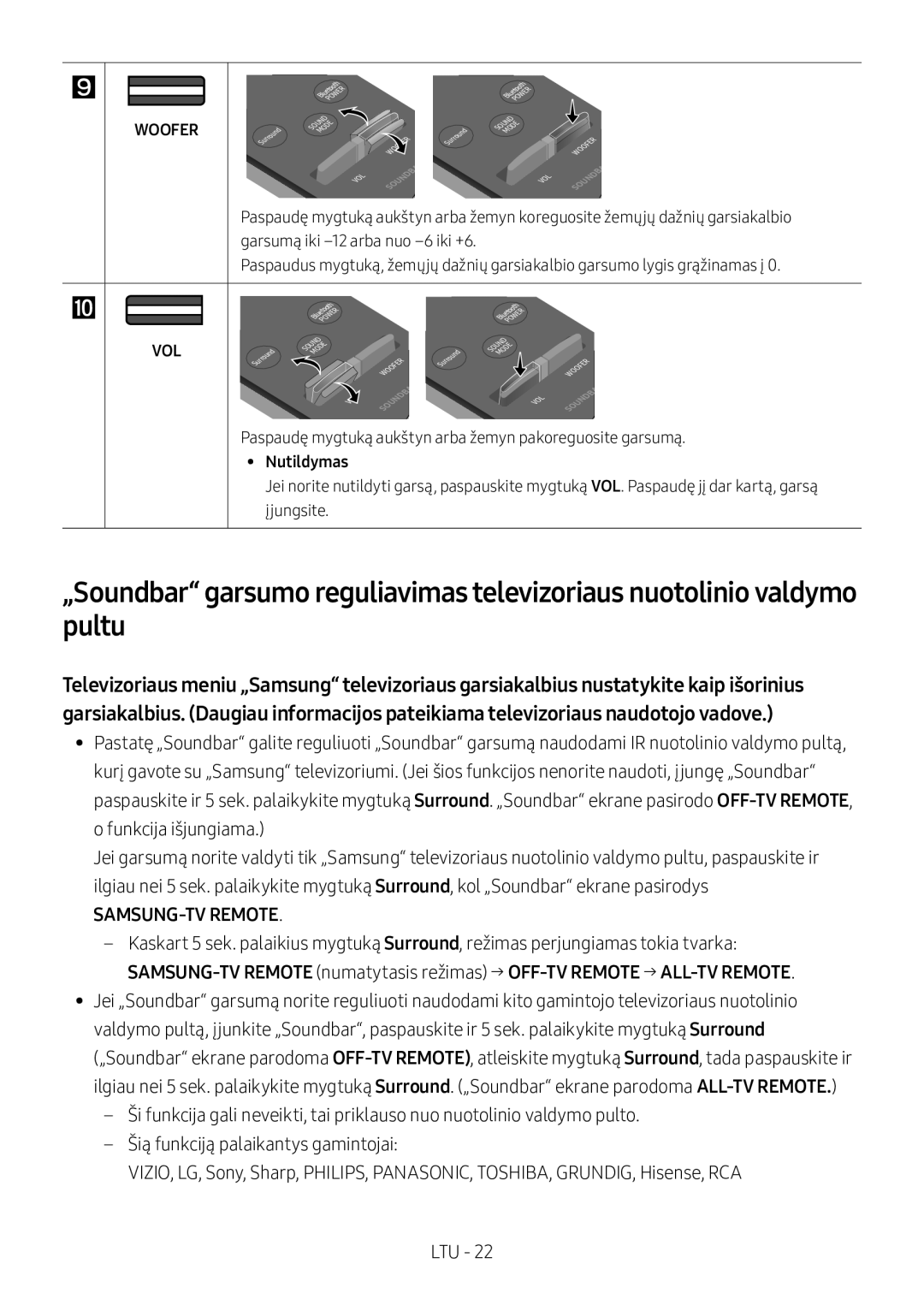 Samsung HW-M360/EN, HW-M360/ZG SAMSUNG-TV Remote, Paspaudę mygtuką aukštyn arba žemyn pakoreguosite garsumą, Nutildymas 