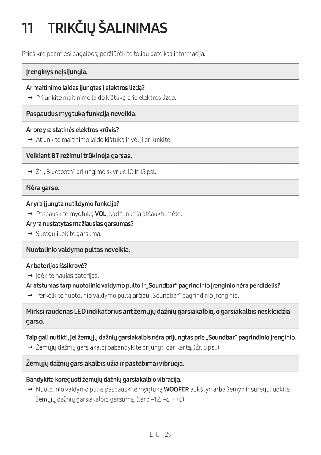 Samsung HW-M360/ZG, HW-M360/EN, HW-M360/ZF manual Trikčių Šalinimas 