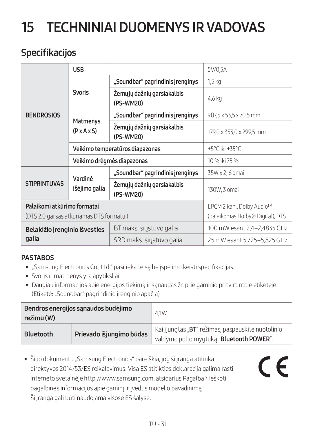 Samsung HW-M360/EN, HW-M360/ZG, HW-M360/ZF manual Techniniai Duomenys IR Vadovas, Specifikacijos, Pastabos 