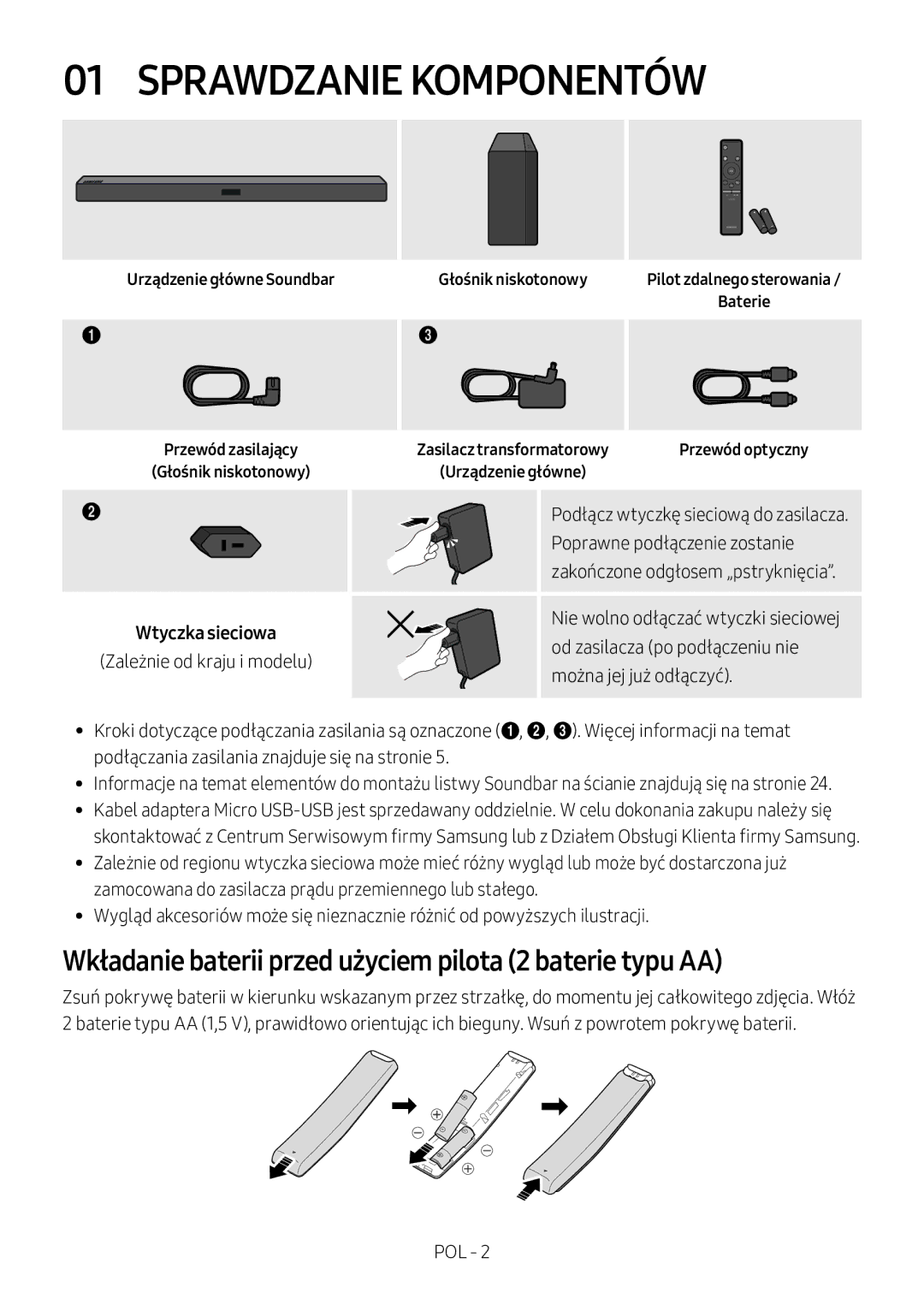 Samsung HW-M360/EN, HW-M360/ZG manual Sprawdzanie Komponentów, Wkładanie baterii przed użyciem pilota 2 baterie typu AA 