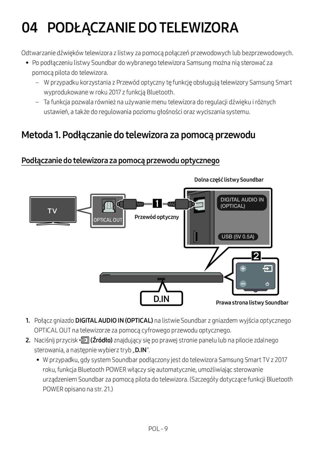 Samsung HW-M360/ZG, HW-M360/EN manual 04 Podłączanie do Telewizora, Metoda 1. Podłączanie do telewizora za pomocą przewodu 